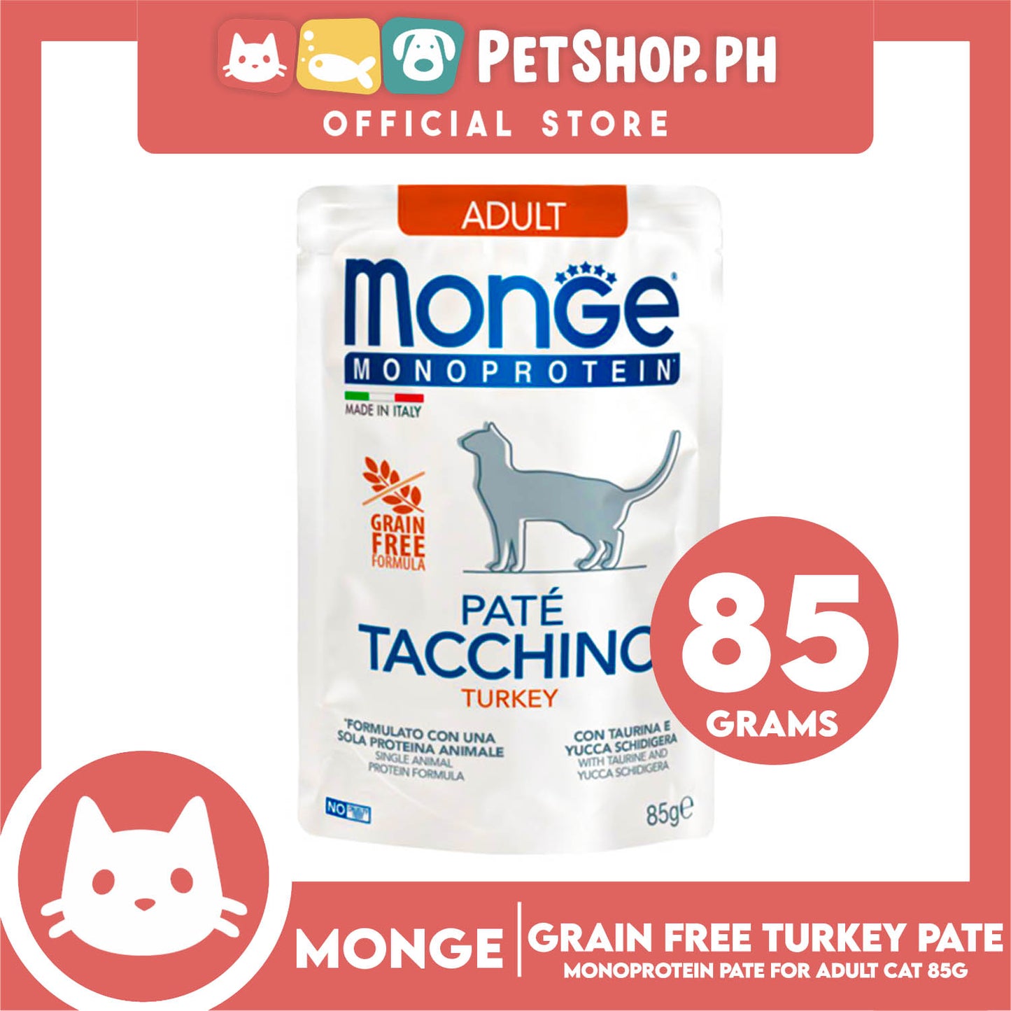 Monge Monoprotein Pate Wet Cat Food In Pouch For Adult, Grain Free 85g (Pate Tacchino, Turkey)