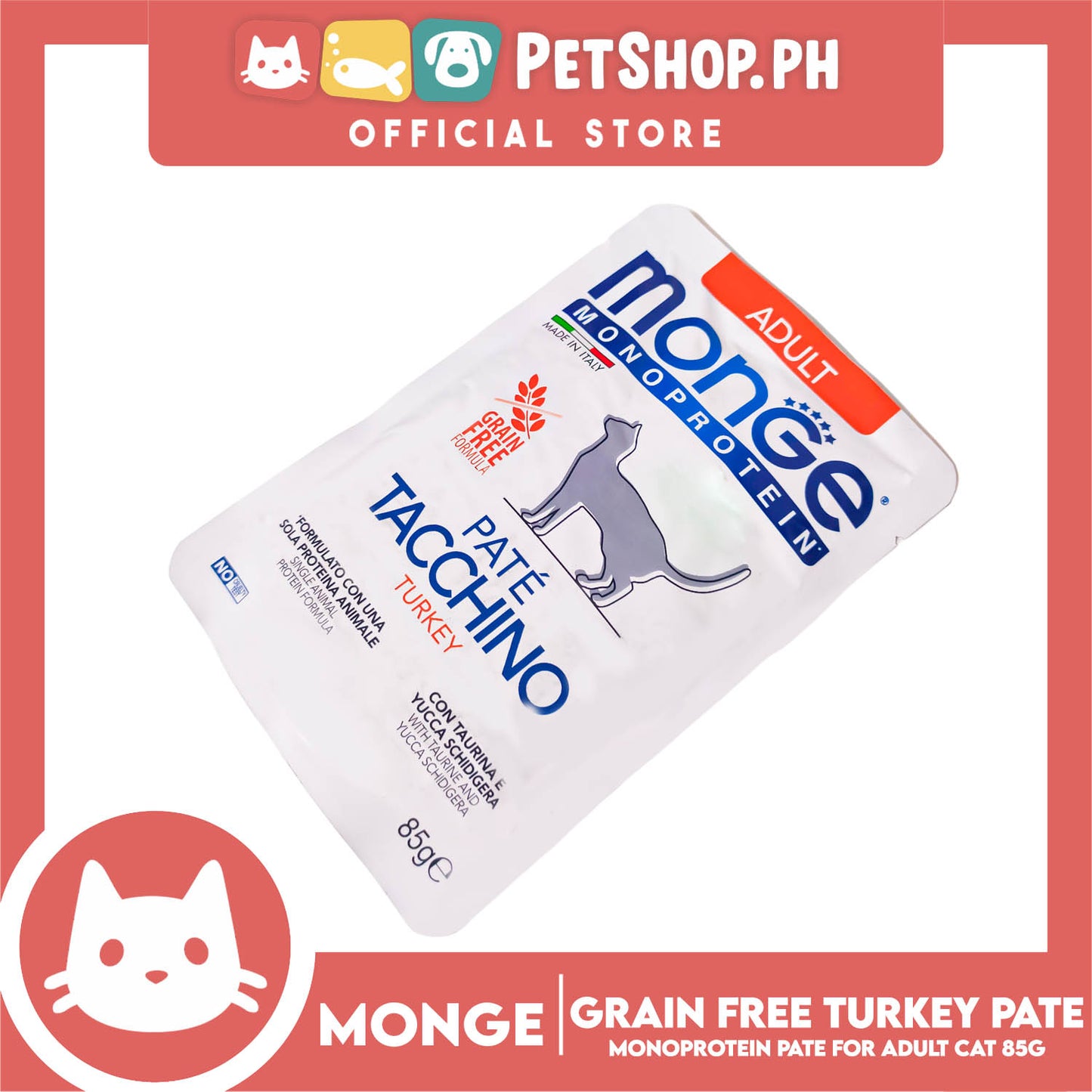 Monge Monoprotein Pate Wet Cat Food In Pouch For Adult, Grain Free 85g (Pate Tacchino, Turkey)
