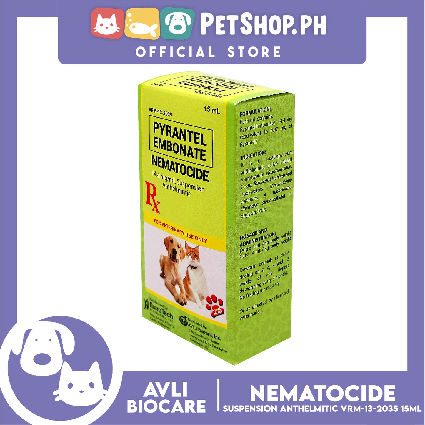 NutraTech Nematocide Suspension Anthelmintic Pyrantel Embonate 15ml VRM-13-2035 for Dog and Cat Dewormer