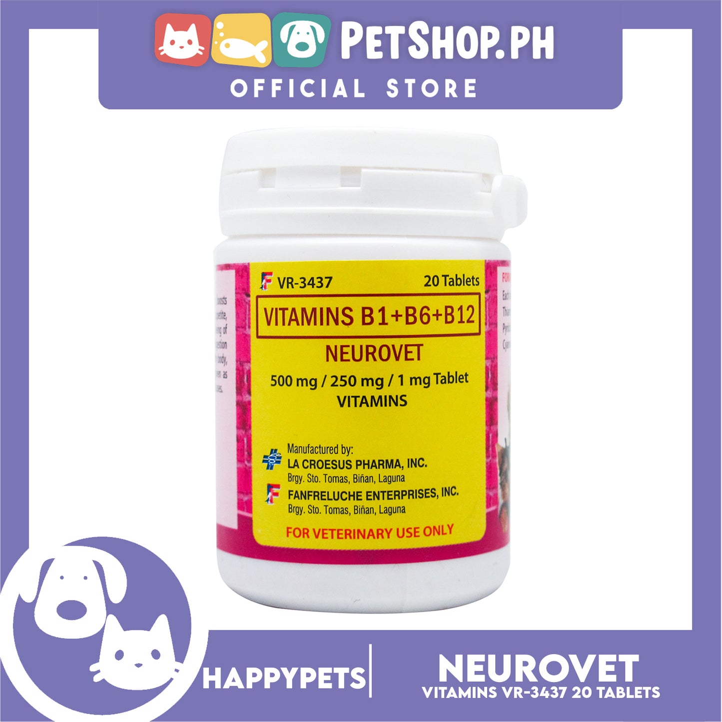 Happy Pets Neurovet Vitamins B1 + B6 + B12 20 Tablets for Dogs and Cats