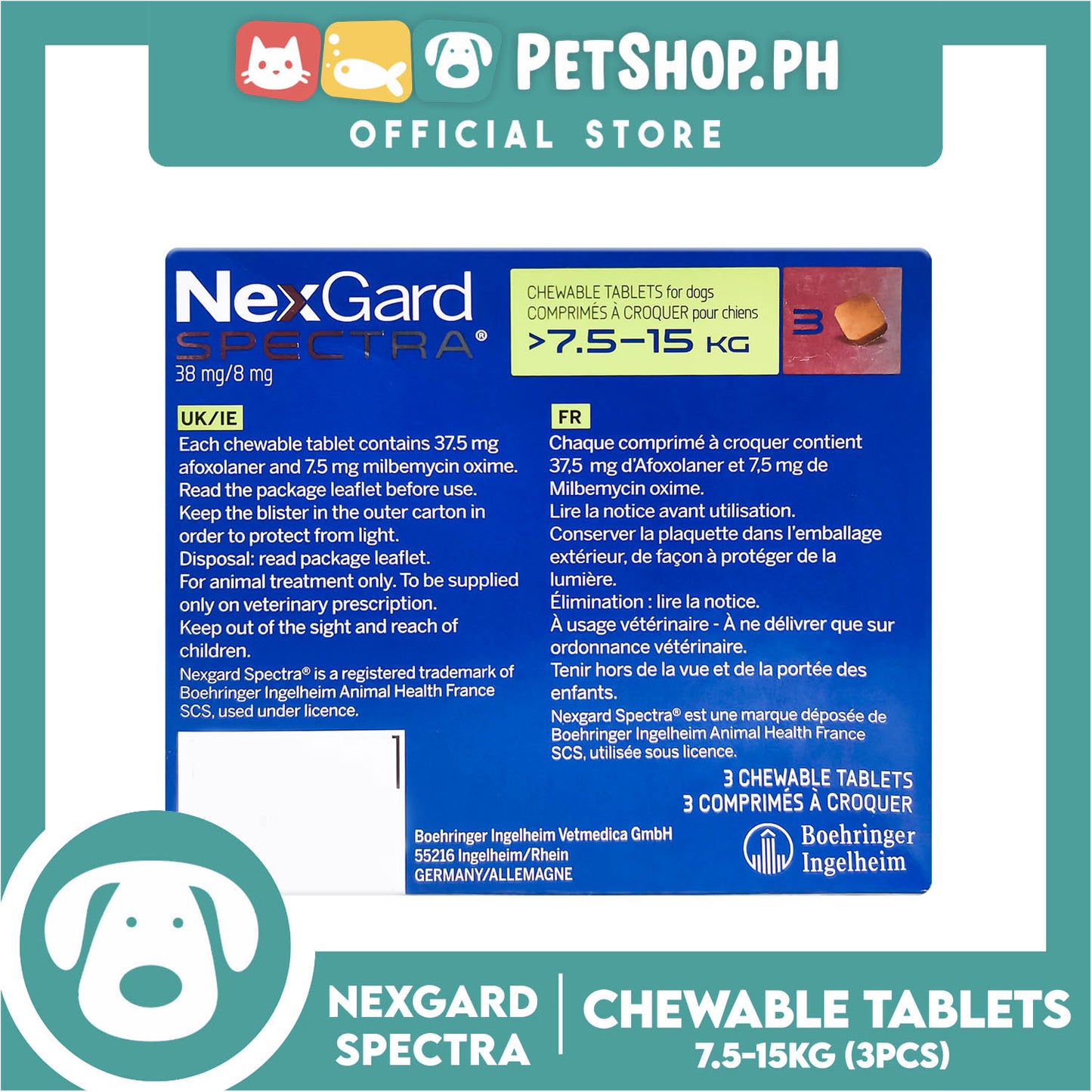 NexGard Spectra Chewable Tablets For Dogs Medium 7.5-15kg 38mg/ 8mg (3 Tablets) For Dogs Protection