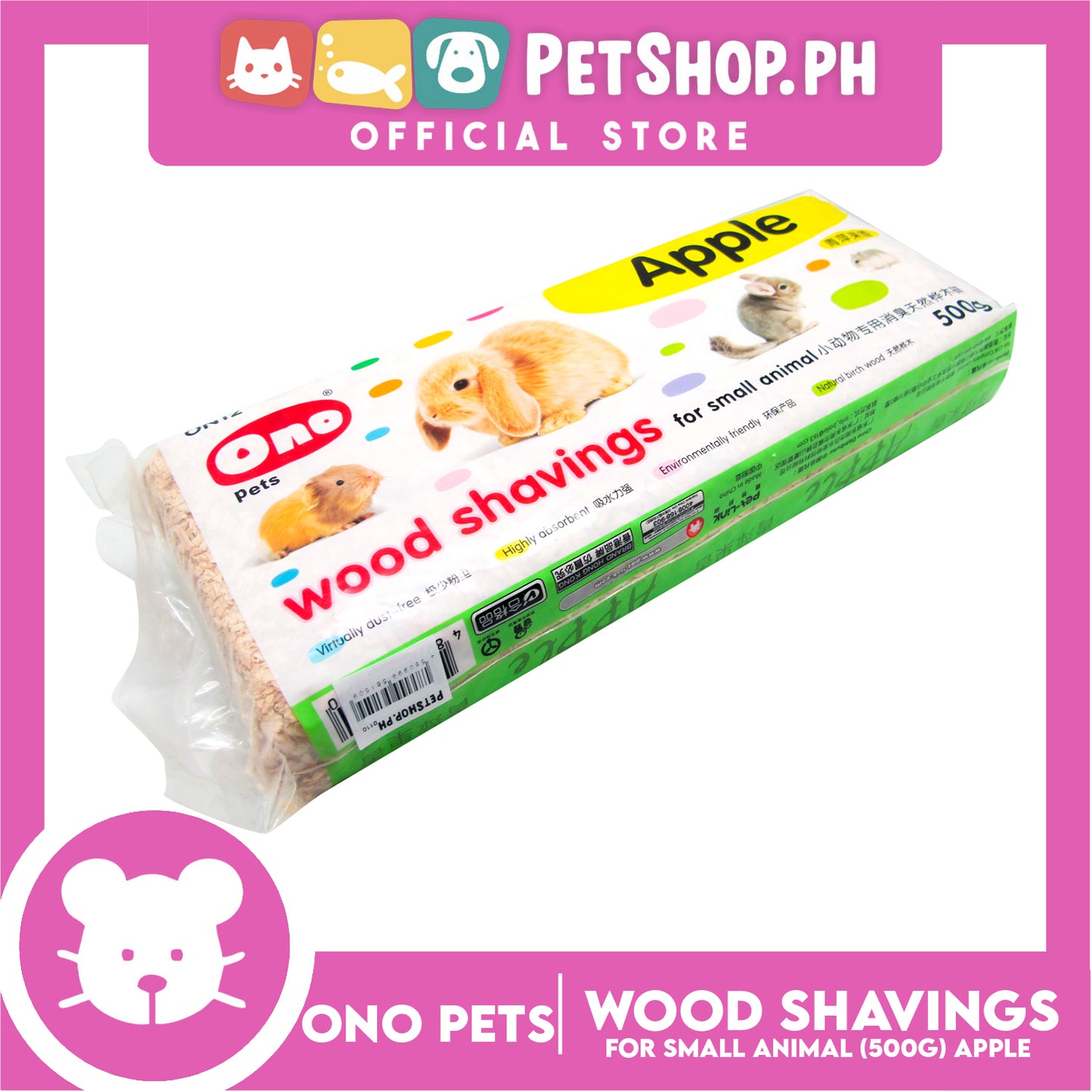 Ono Pets Wood Flakes Shavings Apple ON09 500g for Small Animals Natural Paper Bedding
