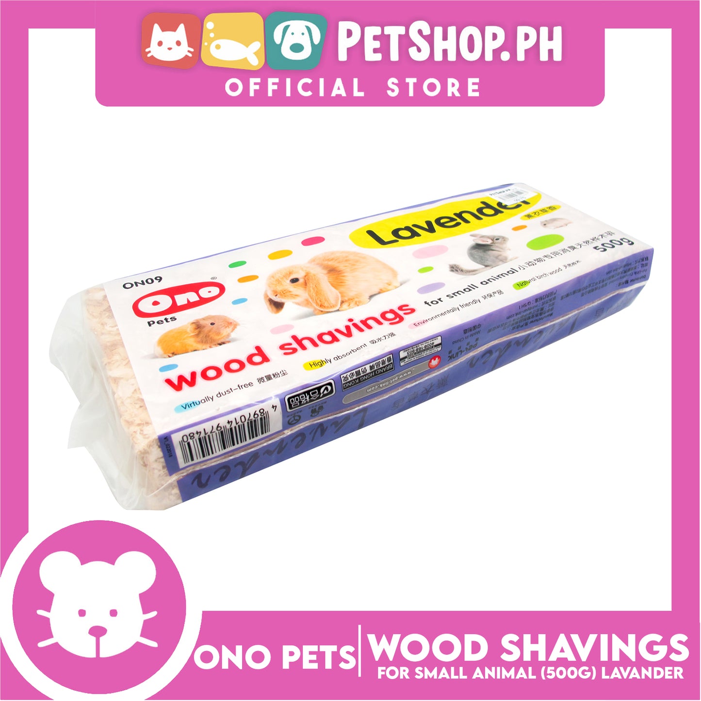 Ono Pets Wood Flakes Shavings Lavender ON09 500g for Small Animals Natural Paper Bedding