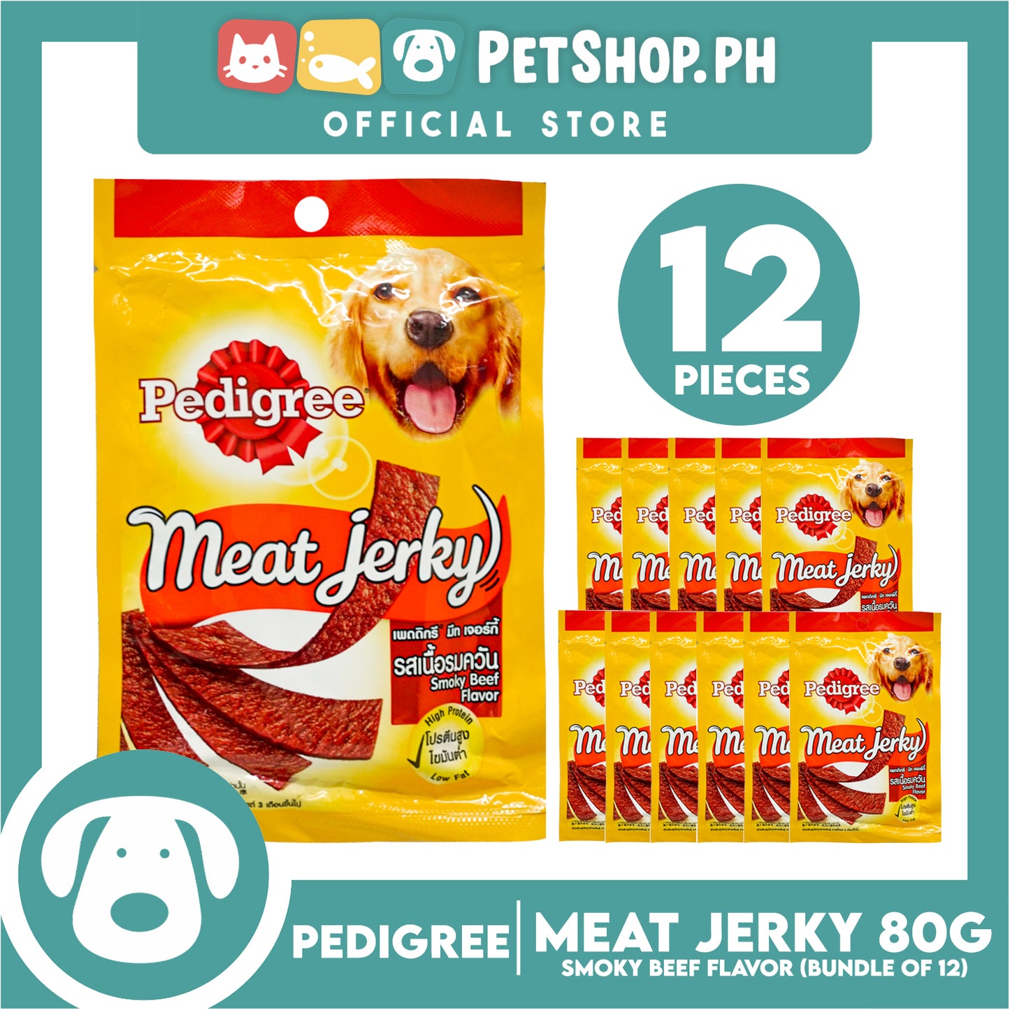 12pcs Pedigree Meat Jerky Smokey Beef Flavor 80g Dog Treats, Soft Chew