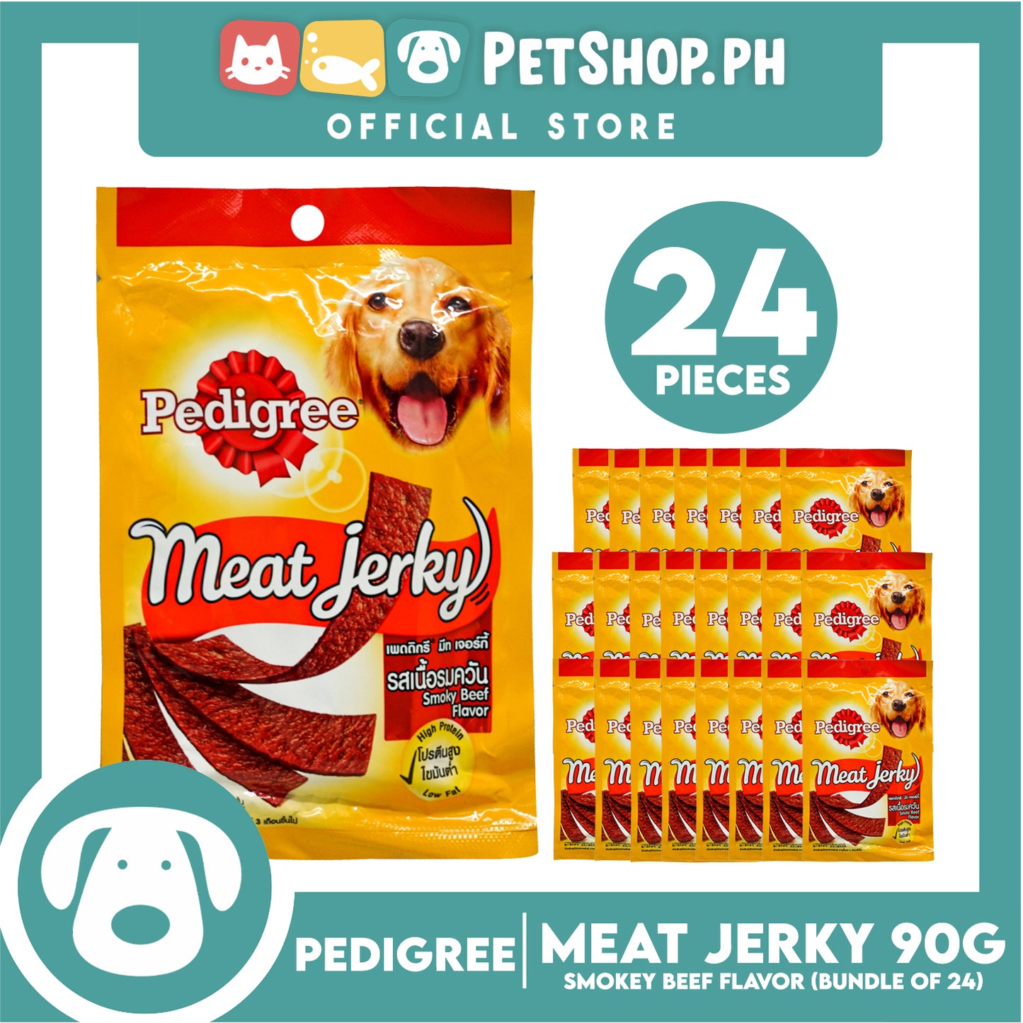 24pcs Pedigree Meat Jerky Smokey Beef Flavor 80g Dog Treats, Soft Chew