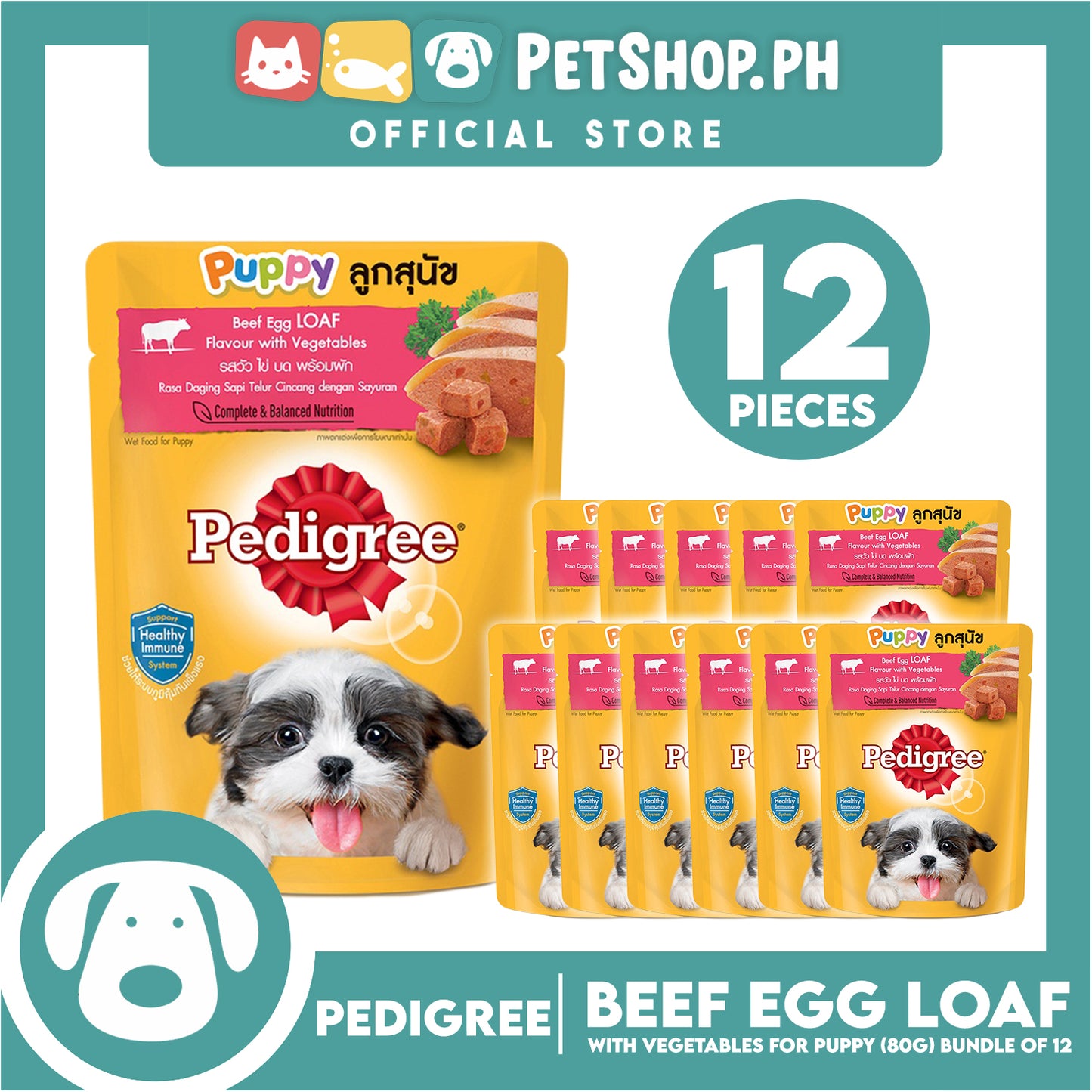 12pcs Pedigree Puppy Beef Egg Loaf Flavor With Vegetables 80g Puppy Pouch Wet Food