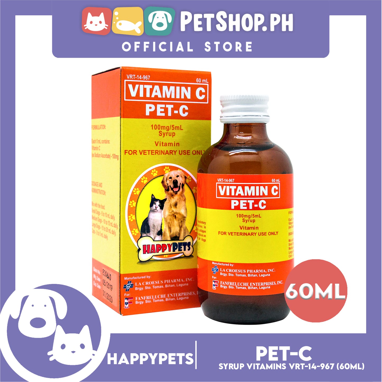 Happy Pets Vitamin C Pet-C Syrup 60ml for Dogs and Cats