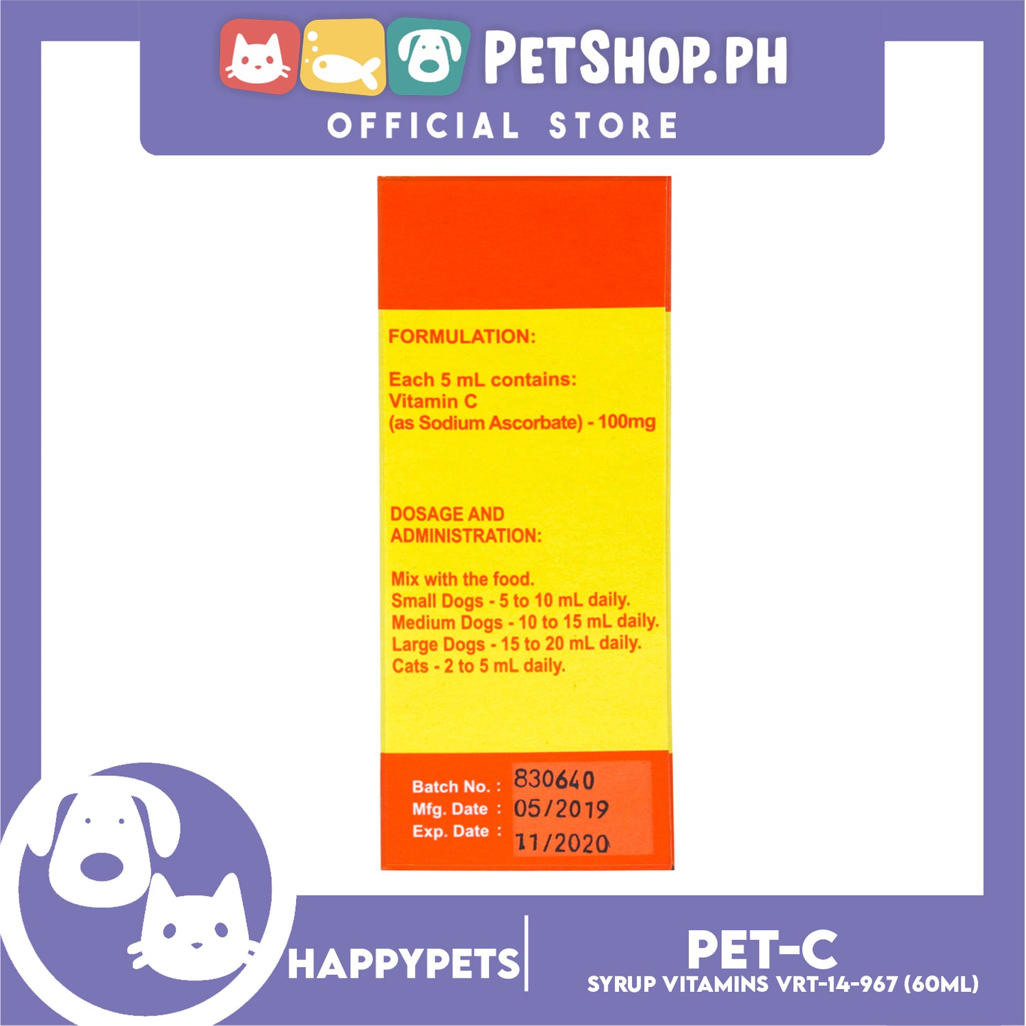 Happy Pets Vitamin C Pet-C Syrup 60ml for Dogs and Cats