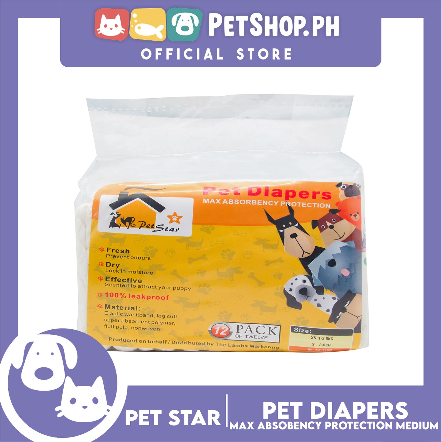 12pcs Pet Star Pet Diapers Dog Protection (Medium) 4.5-11kgs Leakproof Diaper