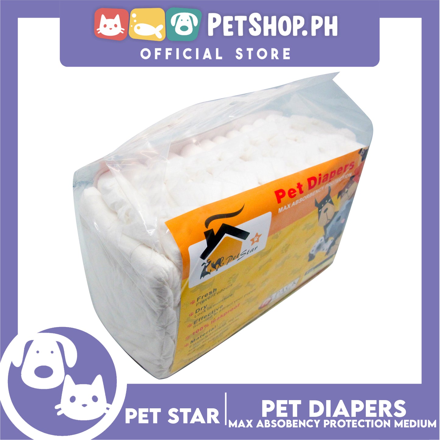 12pcs Pet Star Pet Diapers Dog Protection (Medium) 4.5-11kgs Leakproof Diaper