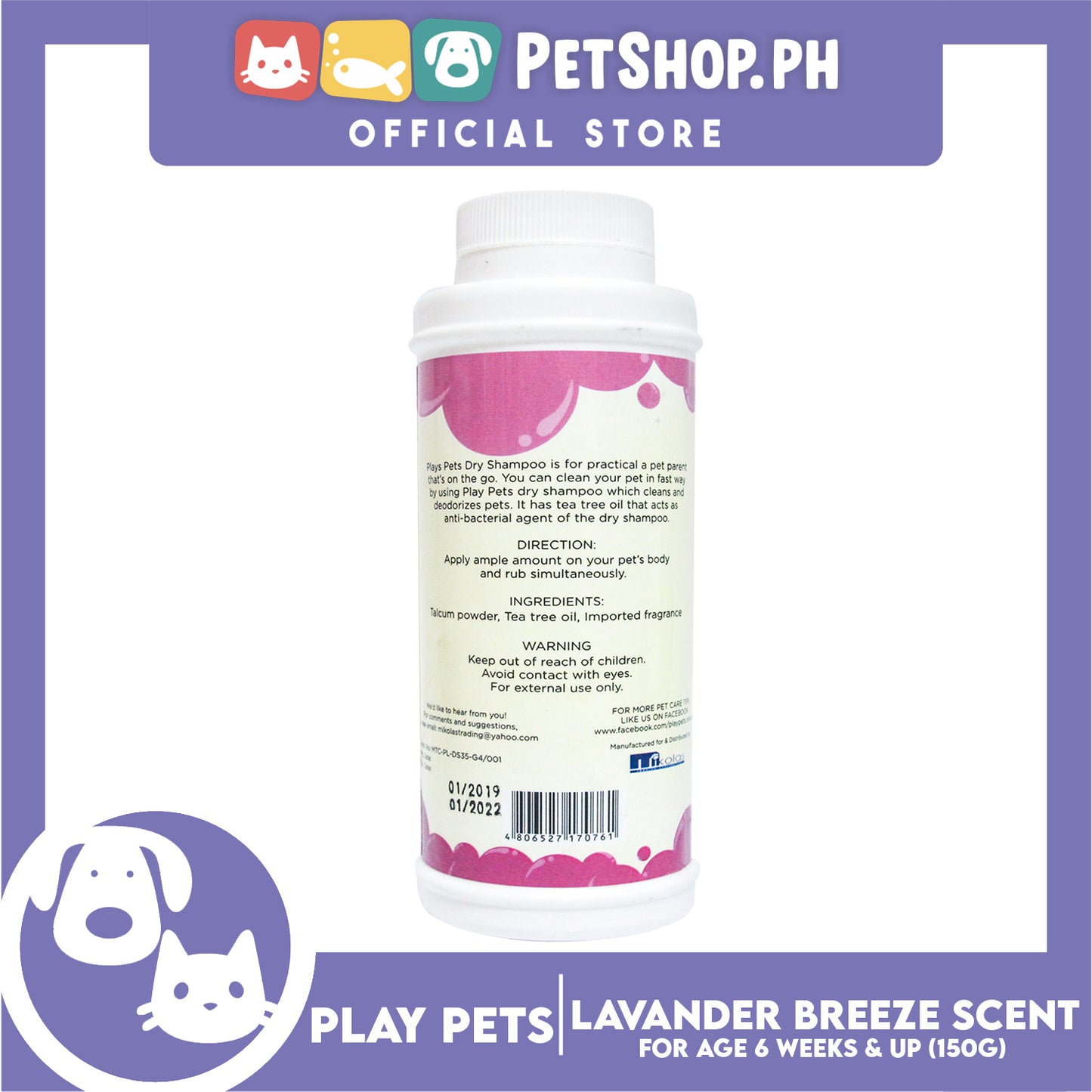 Play Pets Dry Shampoo 150g (Lavender Breeze Scent) For All Types Of Dogs And Cats