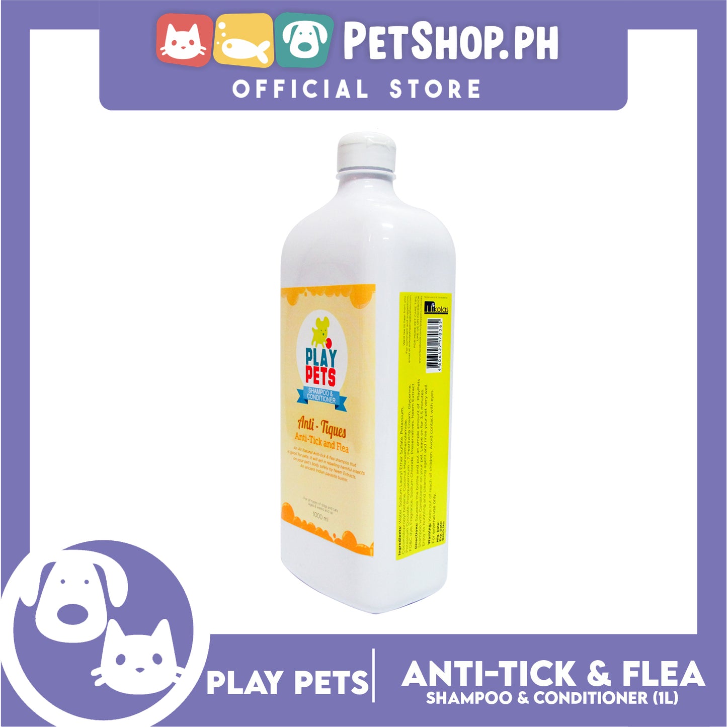 Play Pets Shampoo and Conditioner 1000ml (Anti-Tick and Flea) For All Types Of Dogs And Cats