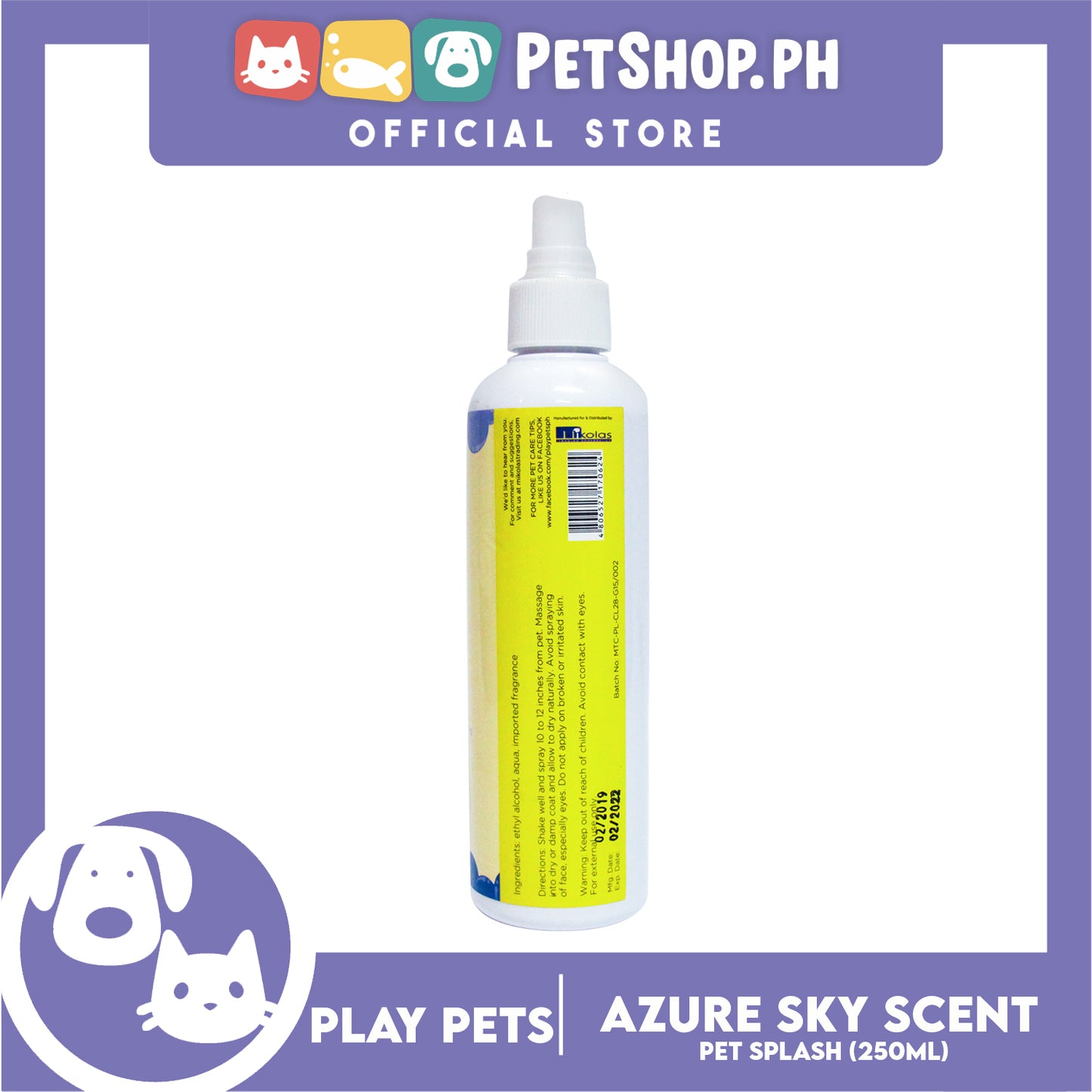 Play Pets, Pet Splash (Azure Sky Scent) Pet Cologne 250ml For All Types Of Dogs And Cats