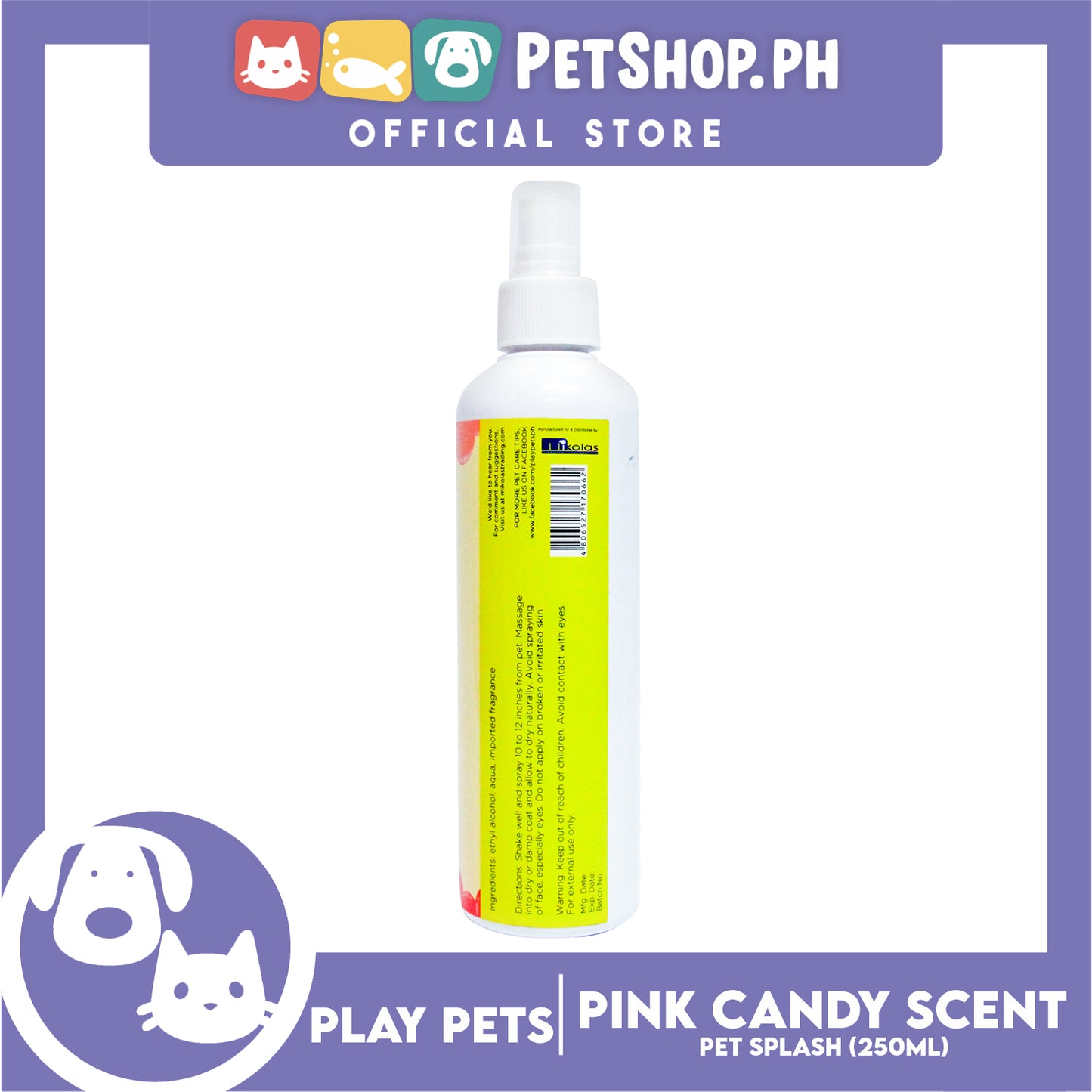 Play Pets, Pet Splash (Pink Candy Scent) Pet Cologne 250ml For All Types Of Dogs And Cats