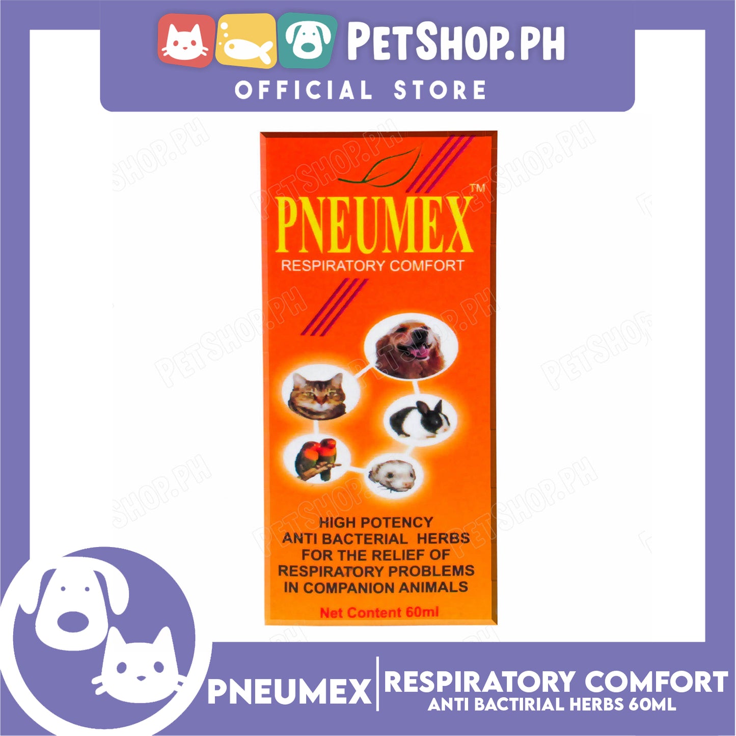 Pneumex Respiratory Comfort 60ml High Potency, Anti Bacterial Herbs For The Relief Of Respiratory Problems In Companion Animals