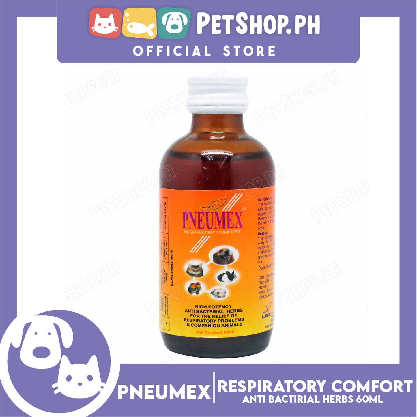 Pneumex Respiratory Comfort 60ml High Potency, Anti Bacterial Herbs For The Relief Of Respiratory Problems In Companion Animals