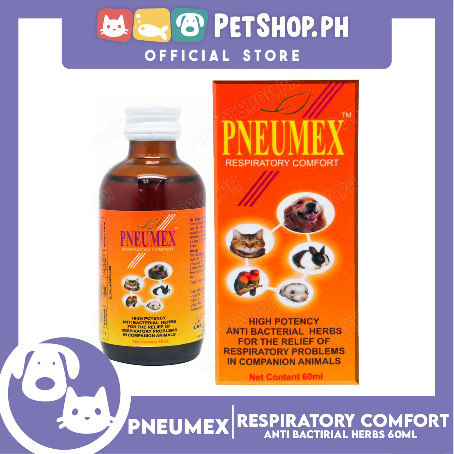 Pneumex Respiratory Comfort 60ml High Potency, Anti Bacterial Herbs For The Relief Of Respiratory Problems In Companion Animals