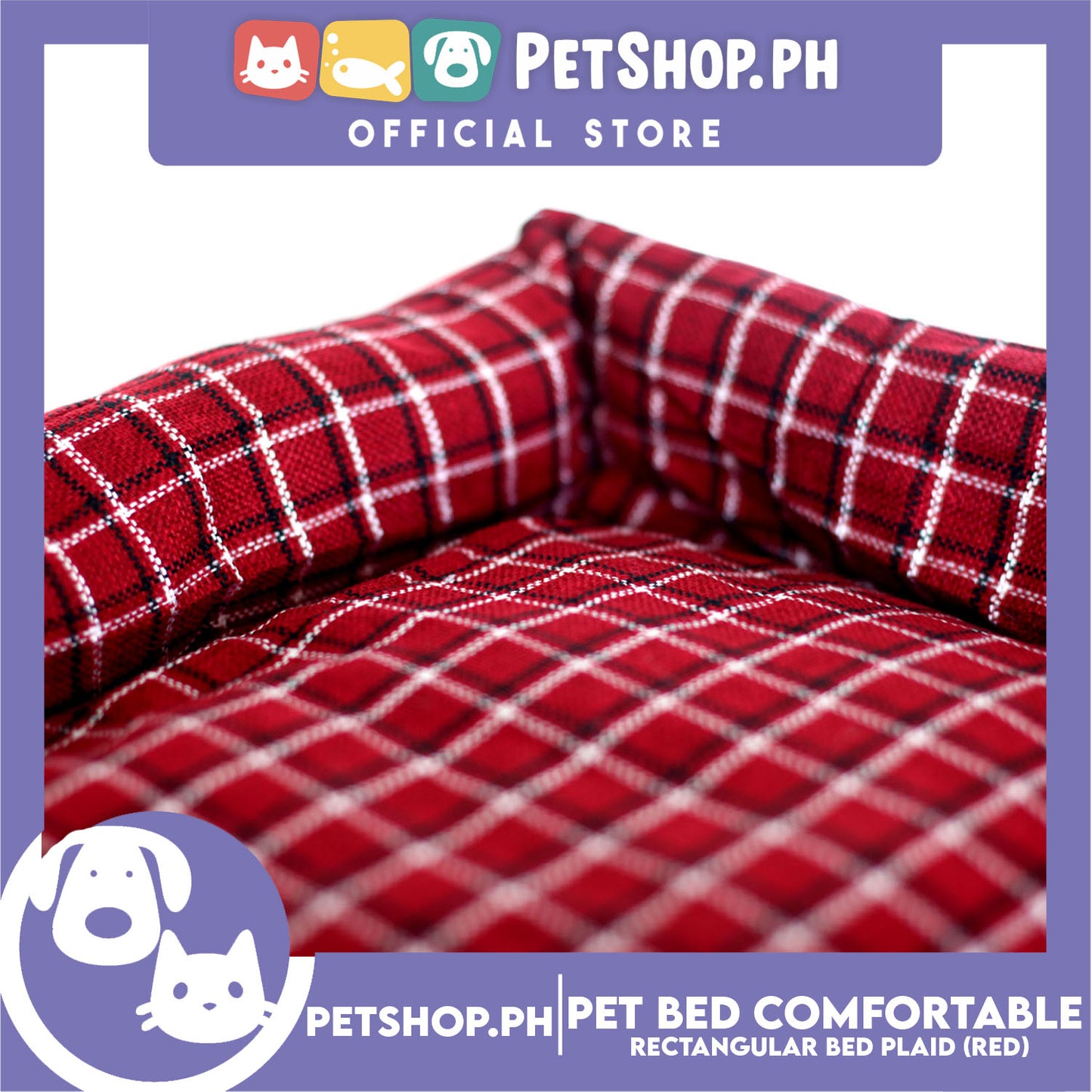 Pet Bed Comfortable Rectangular Pet Bed Plaid Design 63x50x10cm Large for Dogs & Cats (Red)