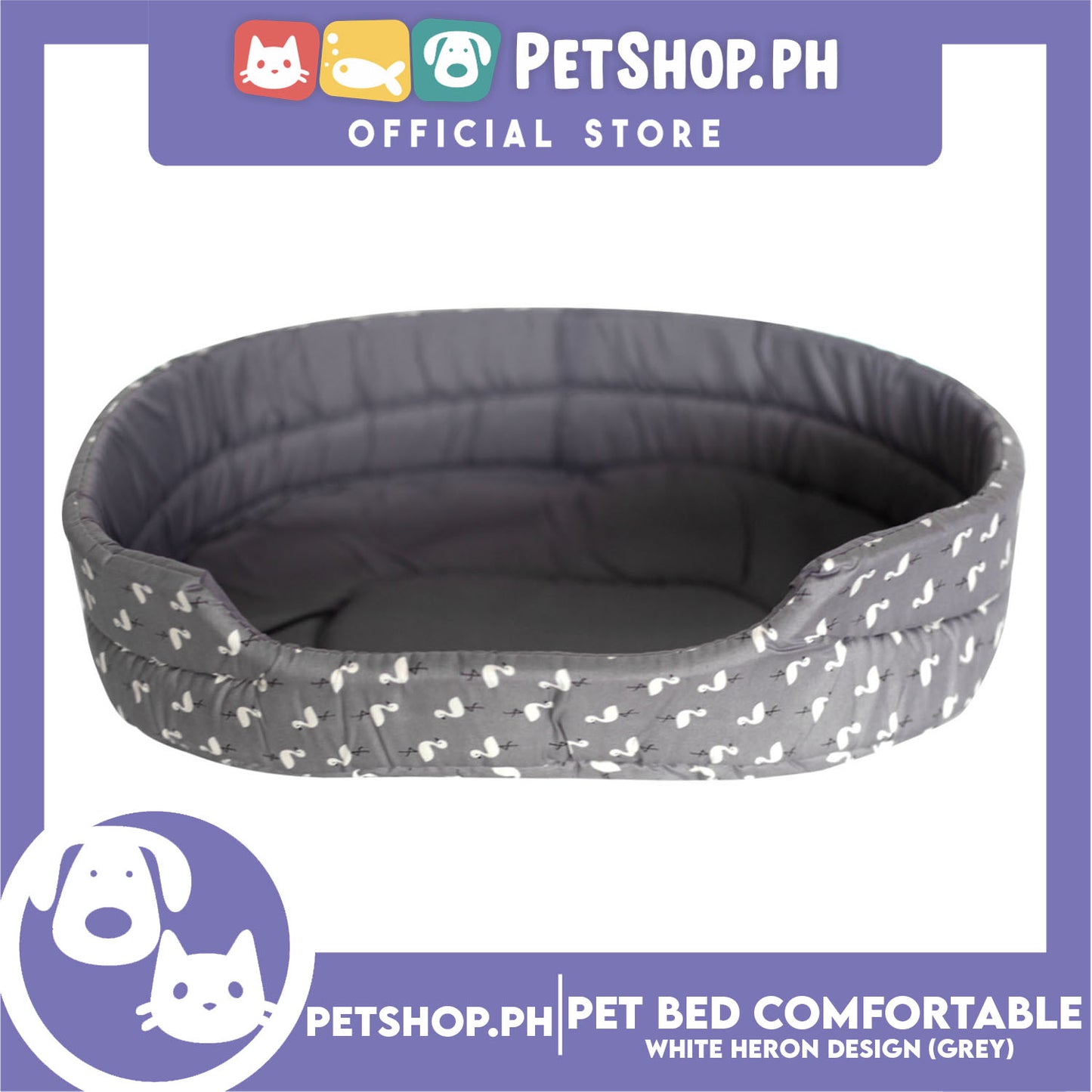 Pet Bed Comfortable Sleeping Bed with White Heron Design 55x42x13cm for Dogs & Cats Grey