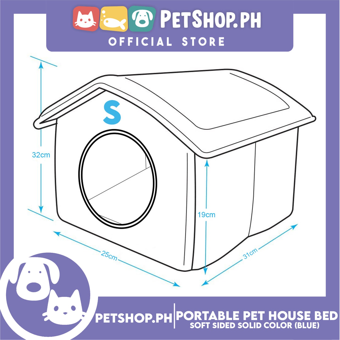 Portable Pet House Bed With Soft Sided Solid Color 25x31x32cm Small (Blue)