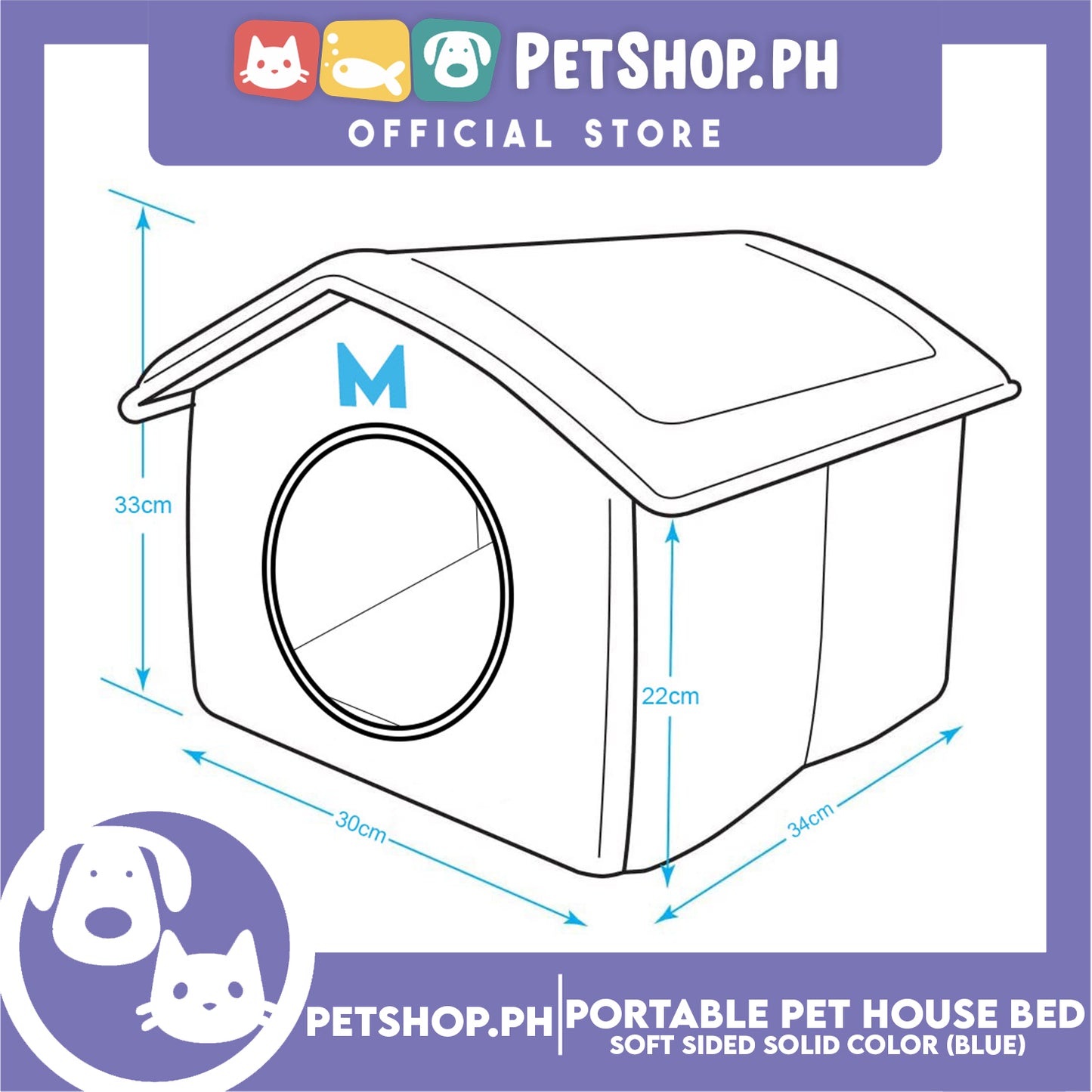 Portable Pet House Bed With Soft Sided Solid Color 30x33x32cm Medium (Blue)