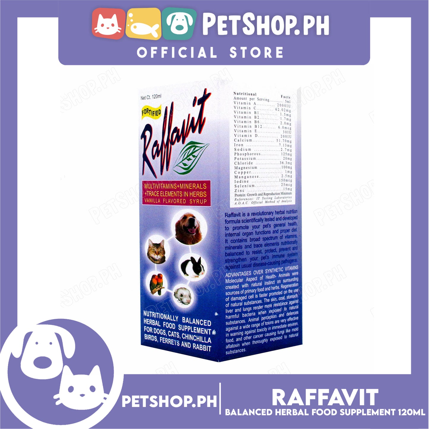 Raffavit Multivitamins + Minerals Vanilla Flavored Syrup 120ml Food Supplement for Dogs, Cats and Small Pets