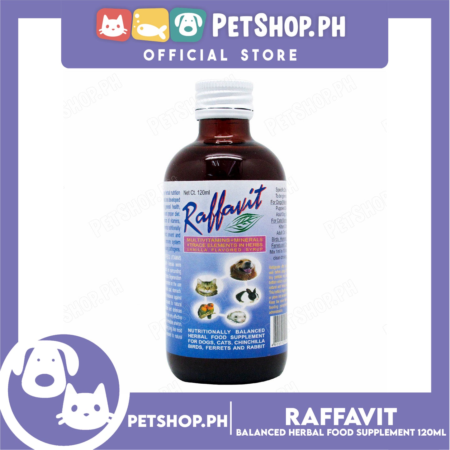 Raffavit Multivitamins + Minerals Vanilla Flavored Syrup 120ml Food Supplement for Dogs, Cats and Small Pets