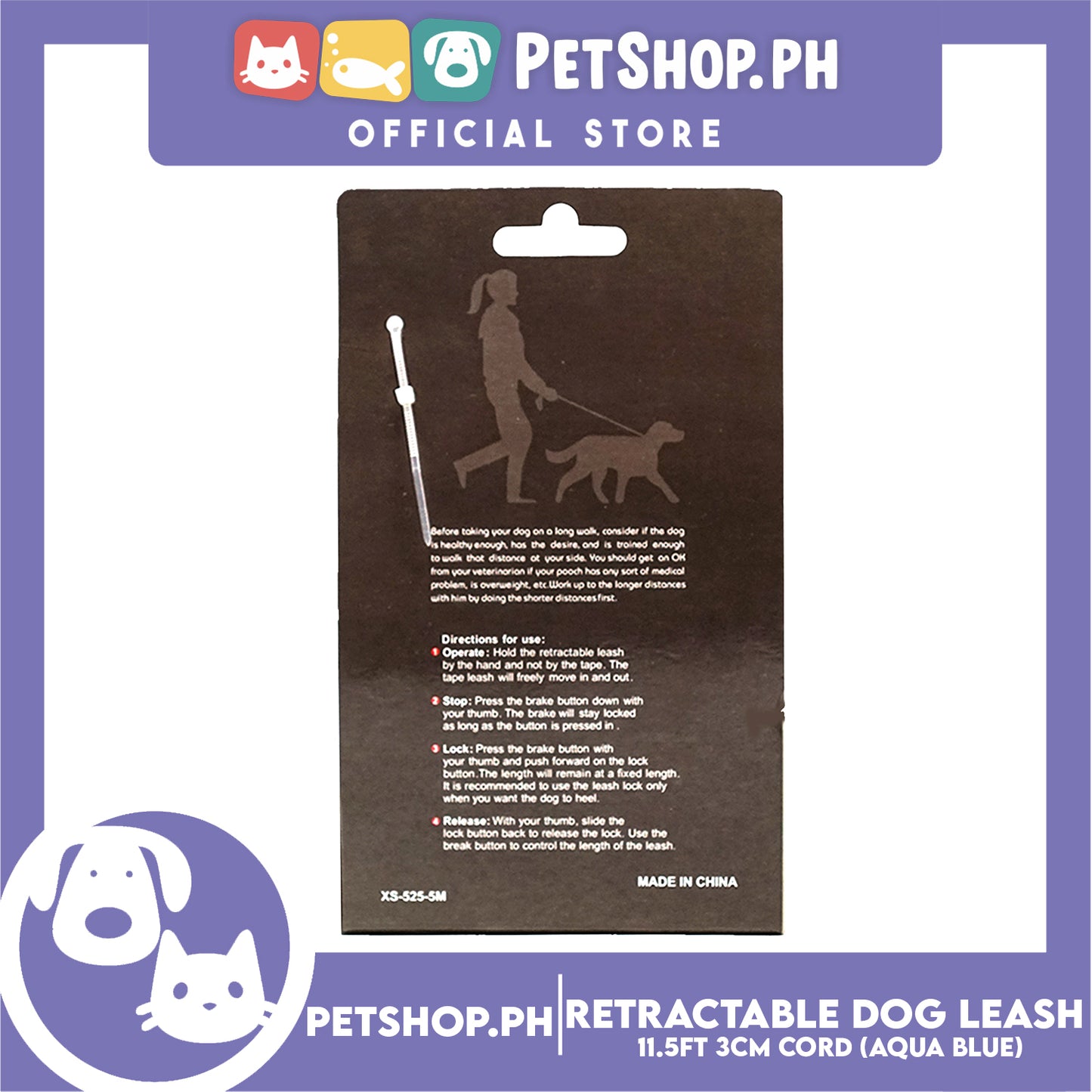 Retractable Dog Leash 11.5ft (3M) Cord with One Button Lock and Release for Up to 25lbs. Dog and Cats (Aqua Blue)