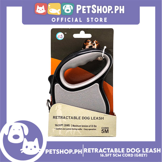 Retractable Dog Leash 16.5ft (5M) Cord with One Button Lock and Release for Up to 33lbs. Dog & Cats (Grey)