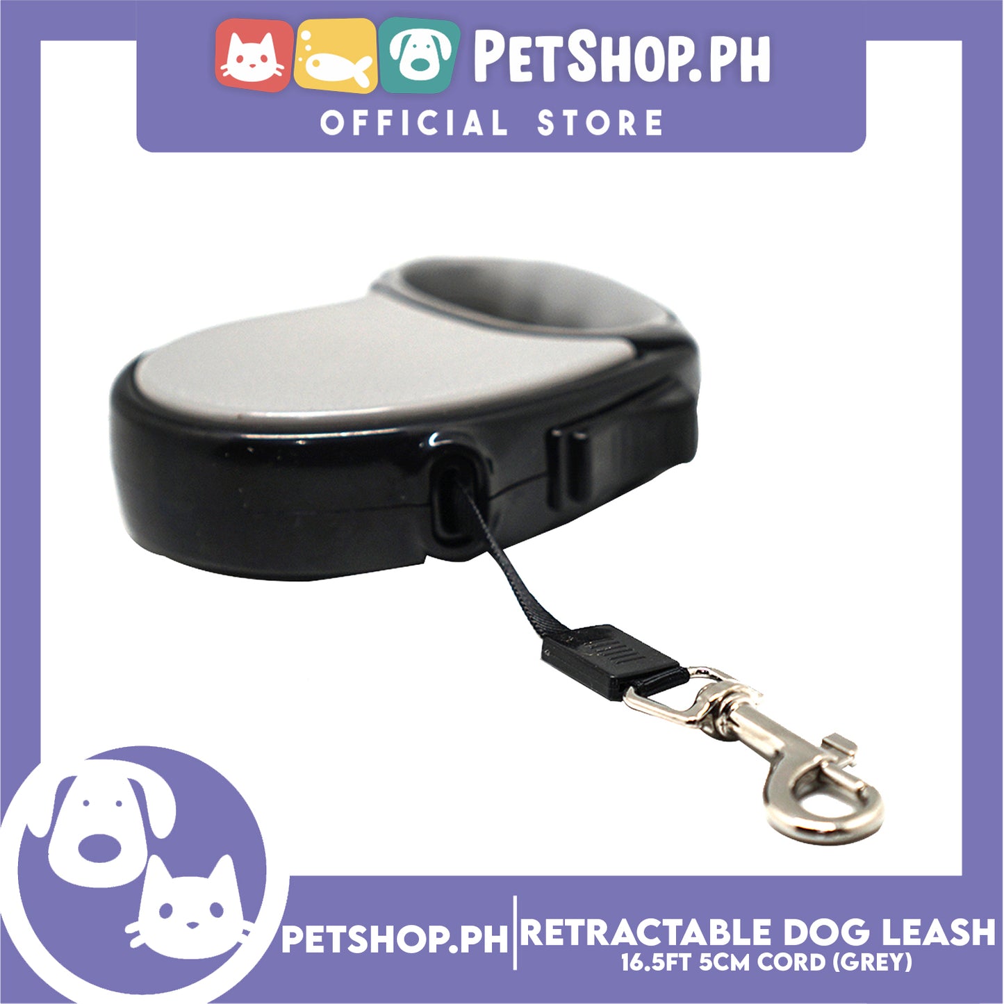 Retractable Dog Leash 16.5ft (5M) Cord with One Button Lock and Release for Up to 33lbs. Dog & Cats (Grey)