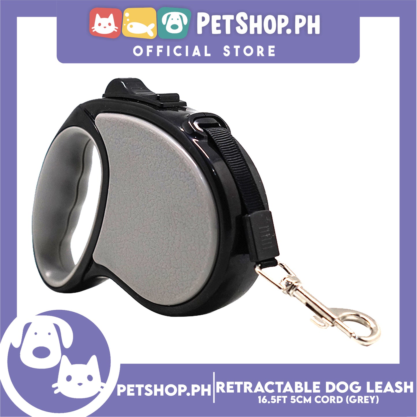 Retractable Dog Leash 16.5ft (5M) Cord with One Button Lock and Release for Up to 33lbs. Dog & Cats (Grey)