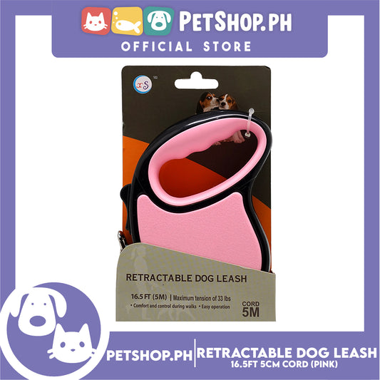 Retractable Dog Leash 16.5ft (5M) Cord with One Button Lock and Release for Up to 33lbs. Dog & Cats (Pink)