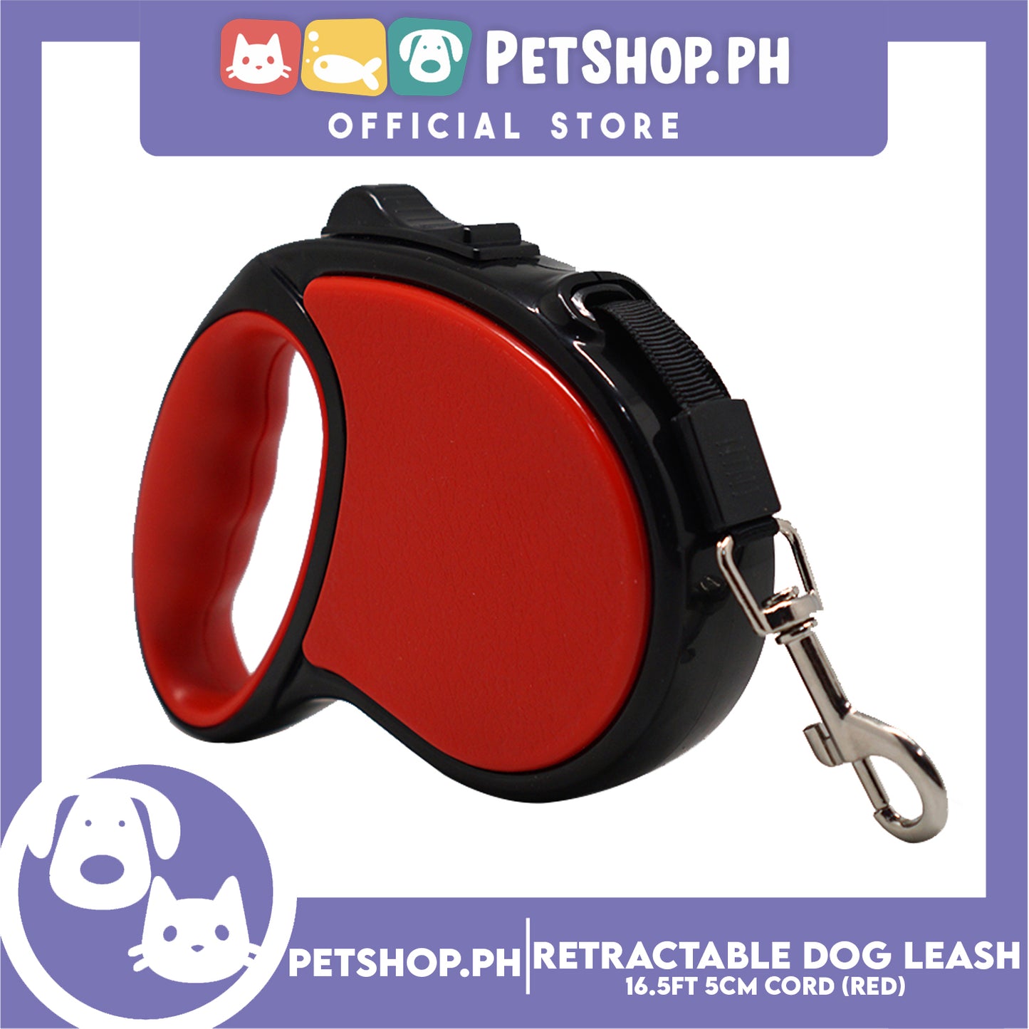 Retractable Dog Leash 16.5ft (5M) Cord with One Button Lock and Release for Up to 33lbs. Dog & Cats (Red)