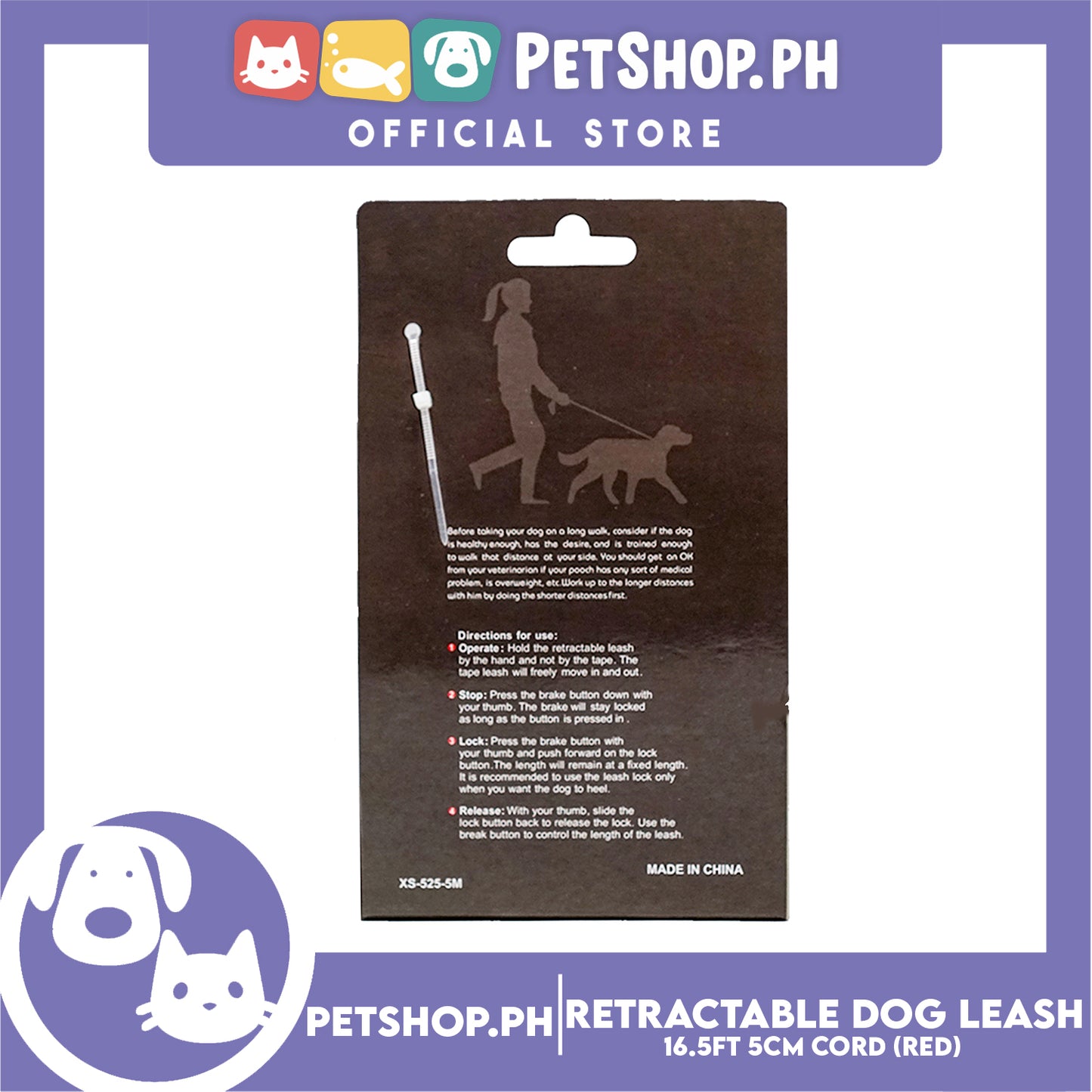Retractable Dog Leash 16.5ft (5M) Cord with One Button Lock and Release for Up to 33lbs. Dog & Cats (Red)