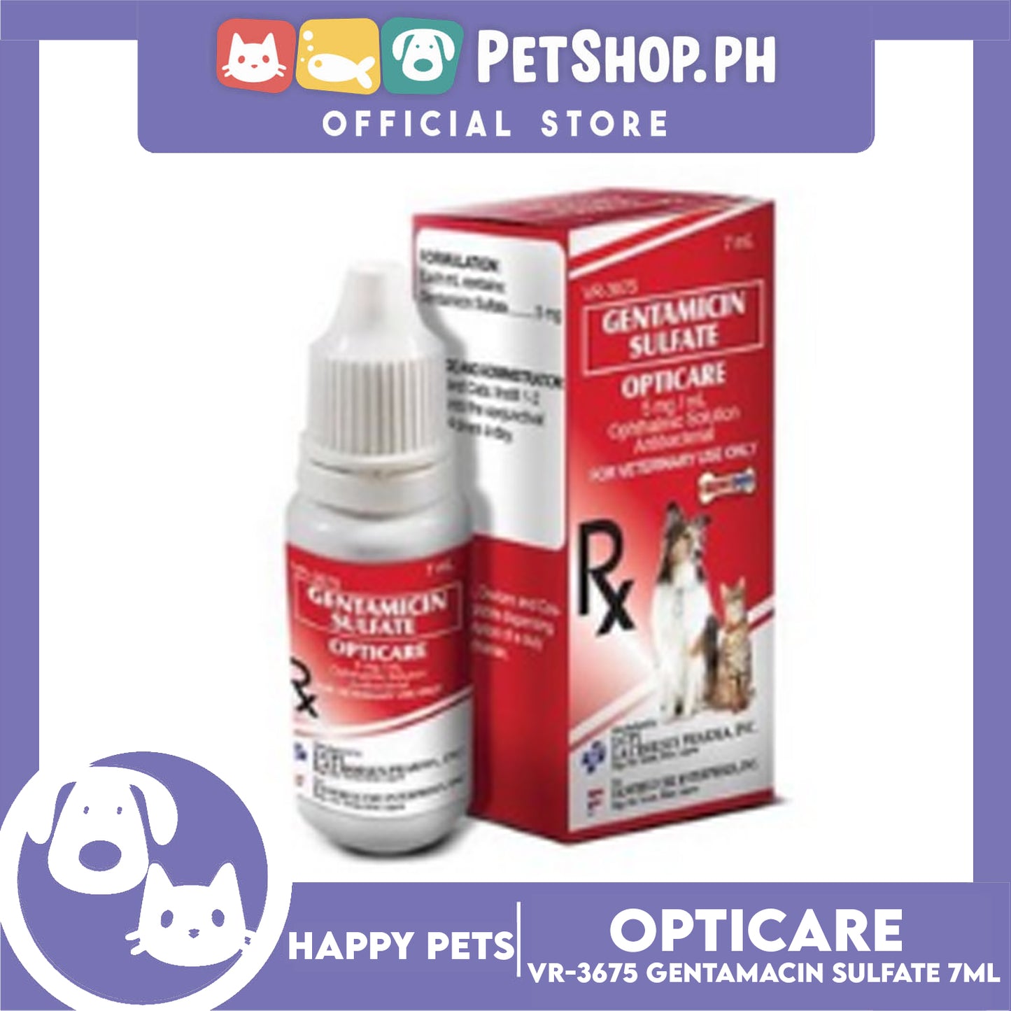 Happy Pets Opticare Gentamicin Sulfate 7ml VR-3675 for Dogs and Cats Eye Drops