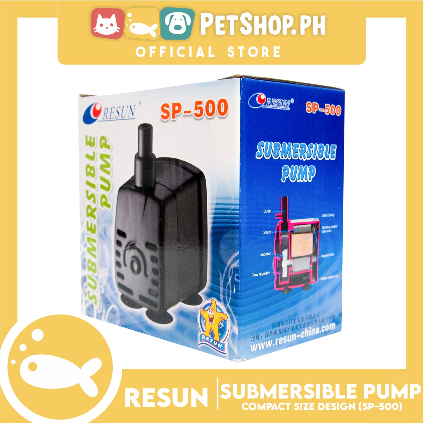 Resun Submersible Water Pump SP-500 for Fish Tank, Pond, Aquarium, Statuary, Hydroponics