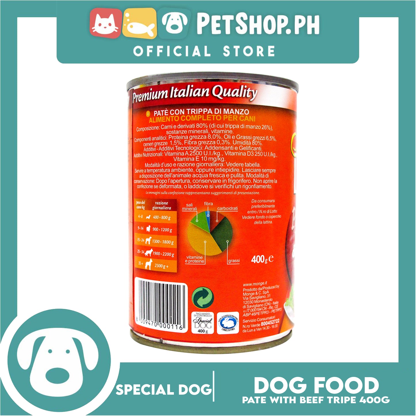 Monge Special Dog Pate 400g (Pate With Beef Tripe) Dog Wet Food, Dog Canned Food