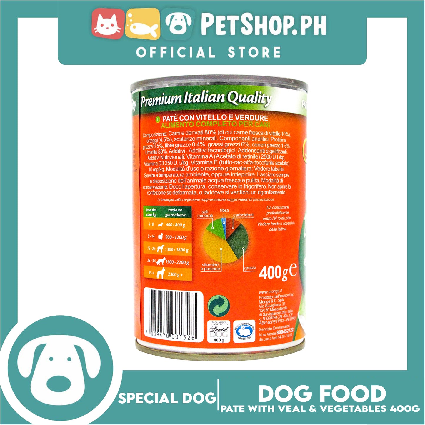 Monge Special Dog Pate 400g (Pate Veal And Vegetables) Dog Wet Food, Dog Canned Food