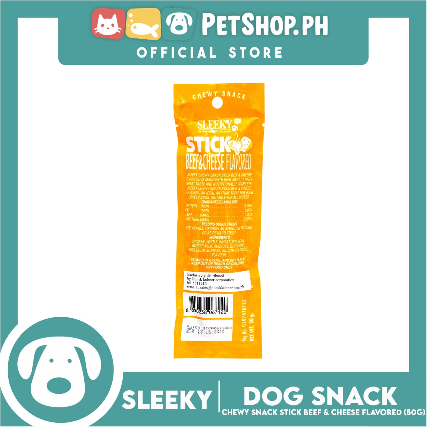 Sleeky Chewy Snack Stick Beef and Cheese Flavored 50g Dog Treats