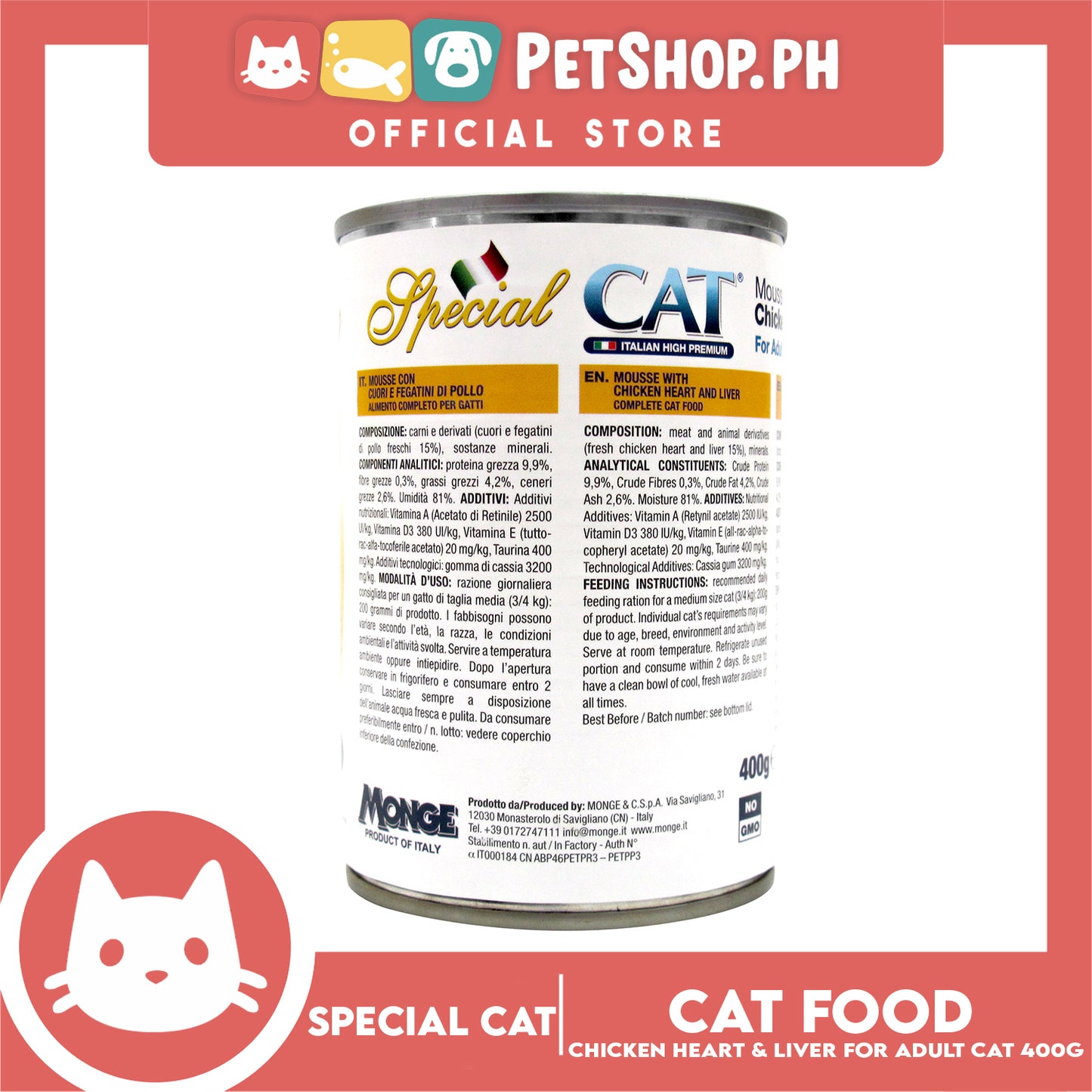 Monge Special Cat Mousse 400g (Chicken Heart and Liver) Cat Wet Food ,Cat Canned Food