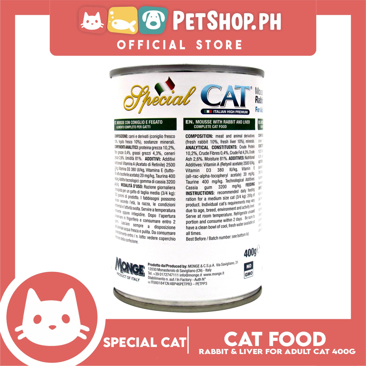 Monge Special Cat Mousse 400g (Rabbit and Liver) Cat Wet Food, Cat Canned Food