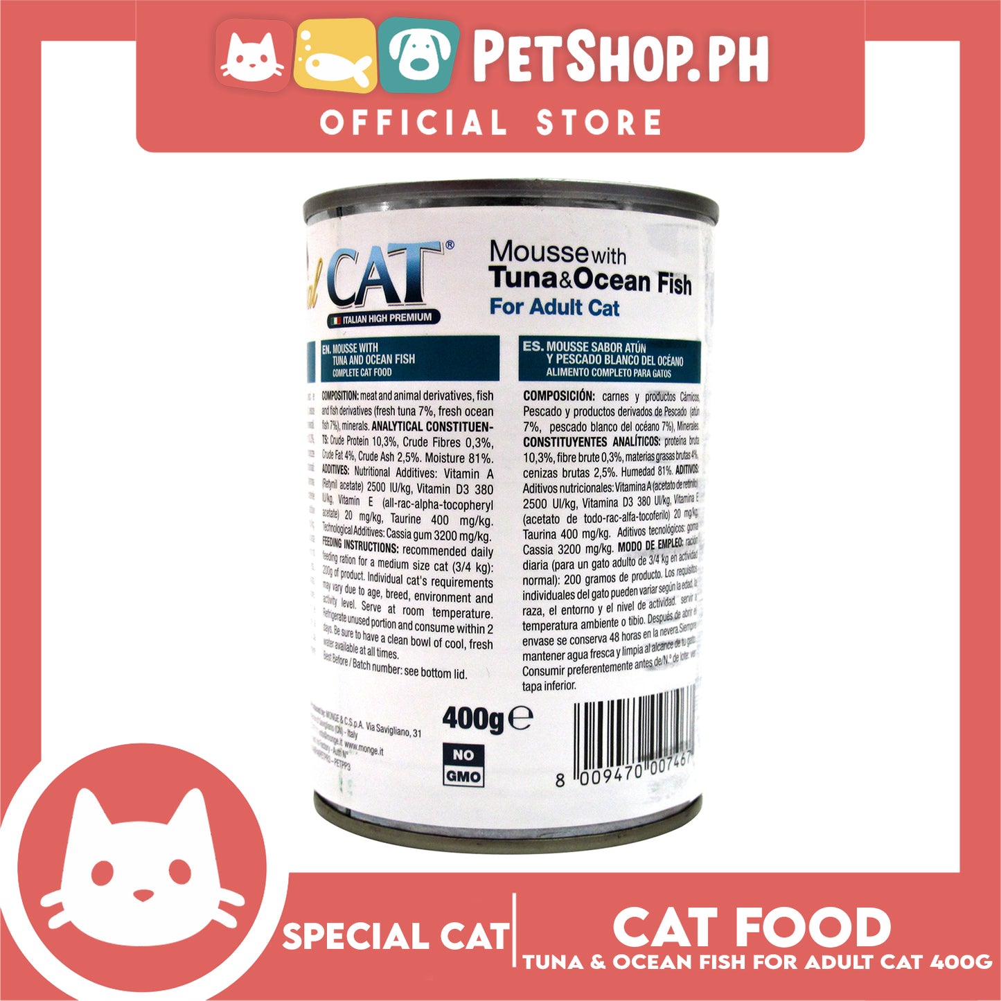Monge Special Cat Mousse 400g (Tuna and Ocean Fish) Cat Wet Food, Cat Canned Food