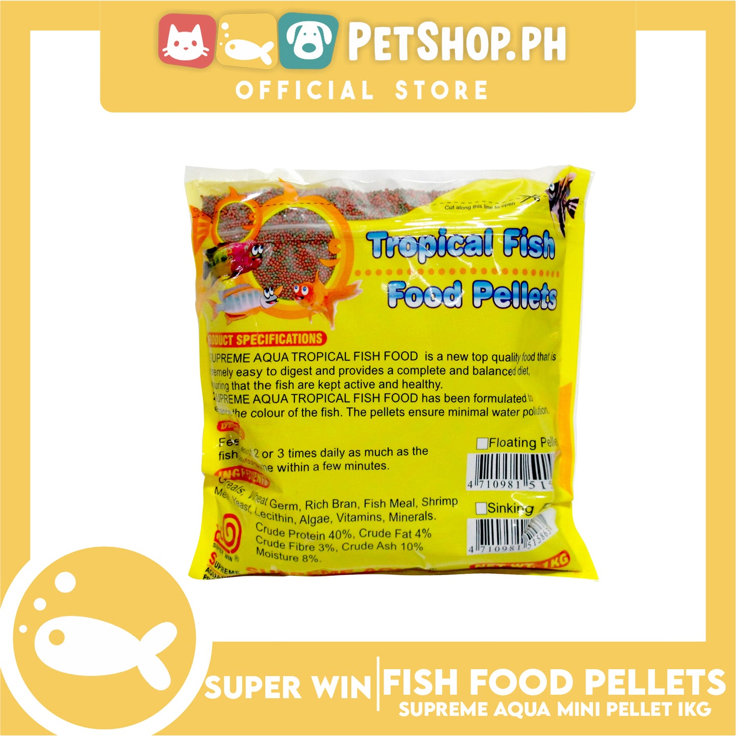 Super Win Supreme Aqua Tropical for Fish Food Pellets Mini Mix 1kg