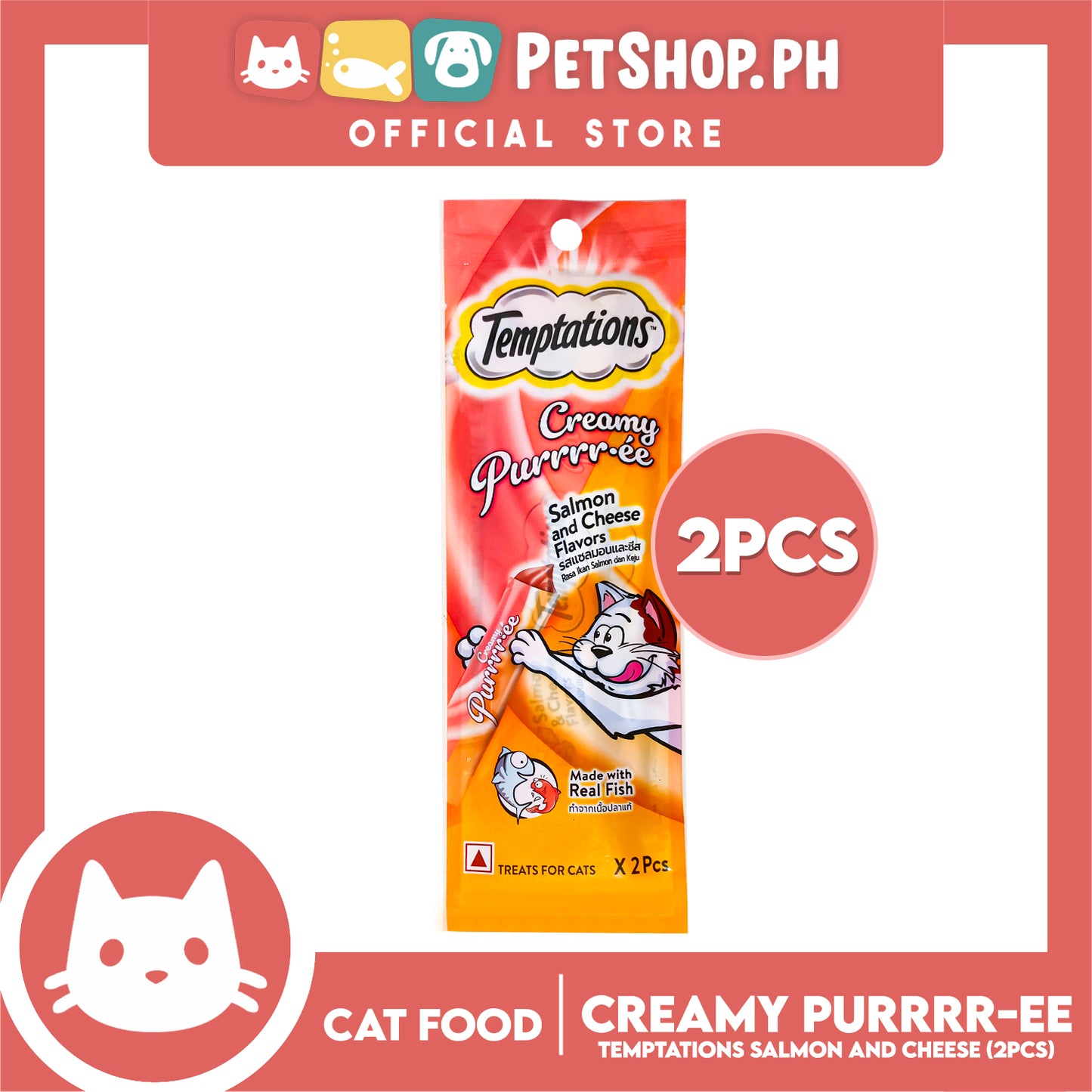 Temptations Creamy Pure Made With Real Fish Lickable Cat Treats 12g x 2pcs Sachets (Salmon And Cheese) Cat Wet Food, Cat Snack