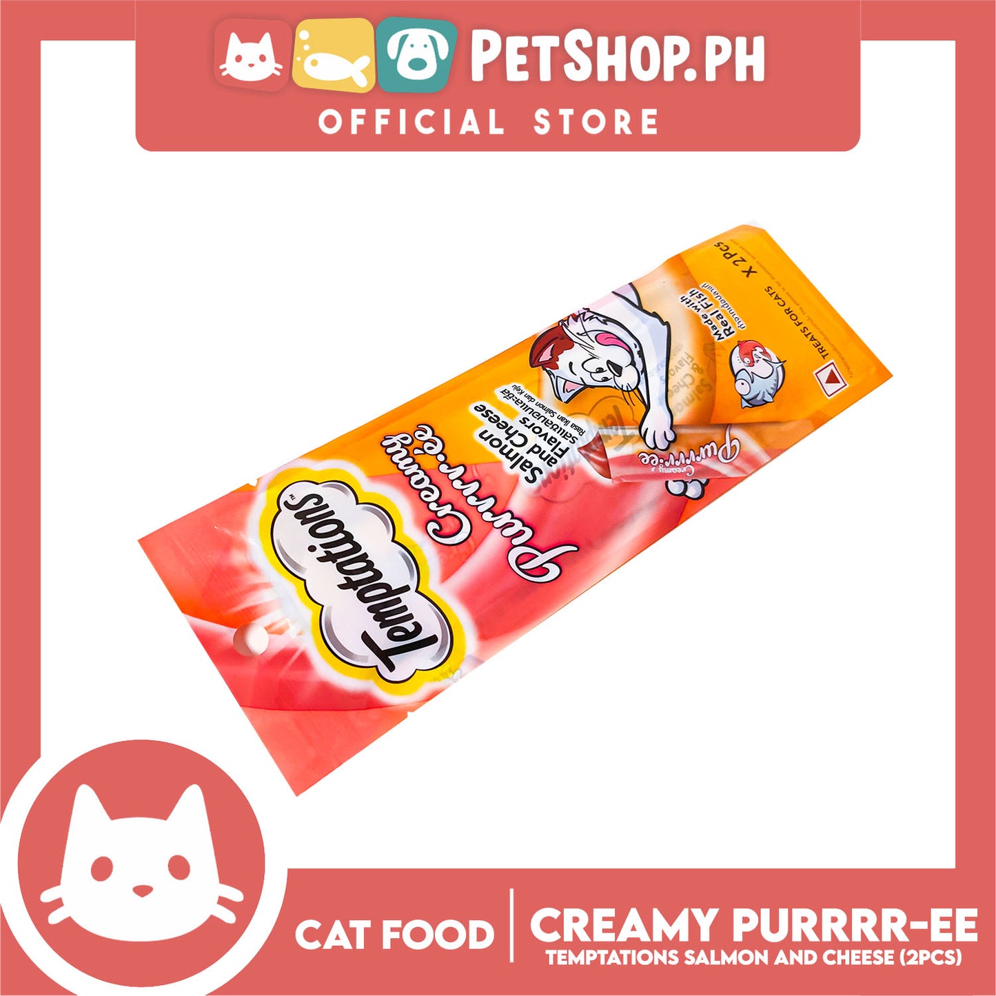Temptations Creamy Pure Made With Real Fish Lickable Cat Treats 12g x 2pcs Sachets (Salmon And Cheese) Cat Wet Food, Cat Snack
