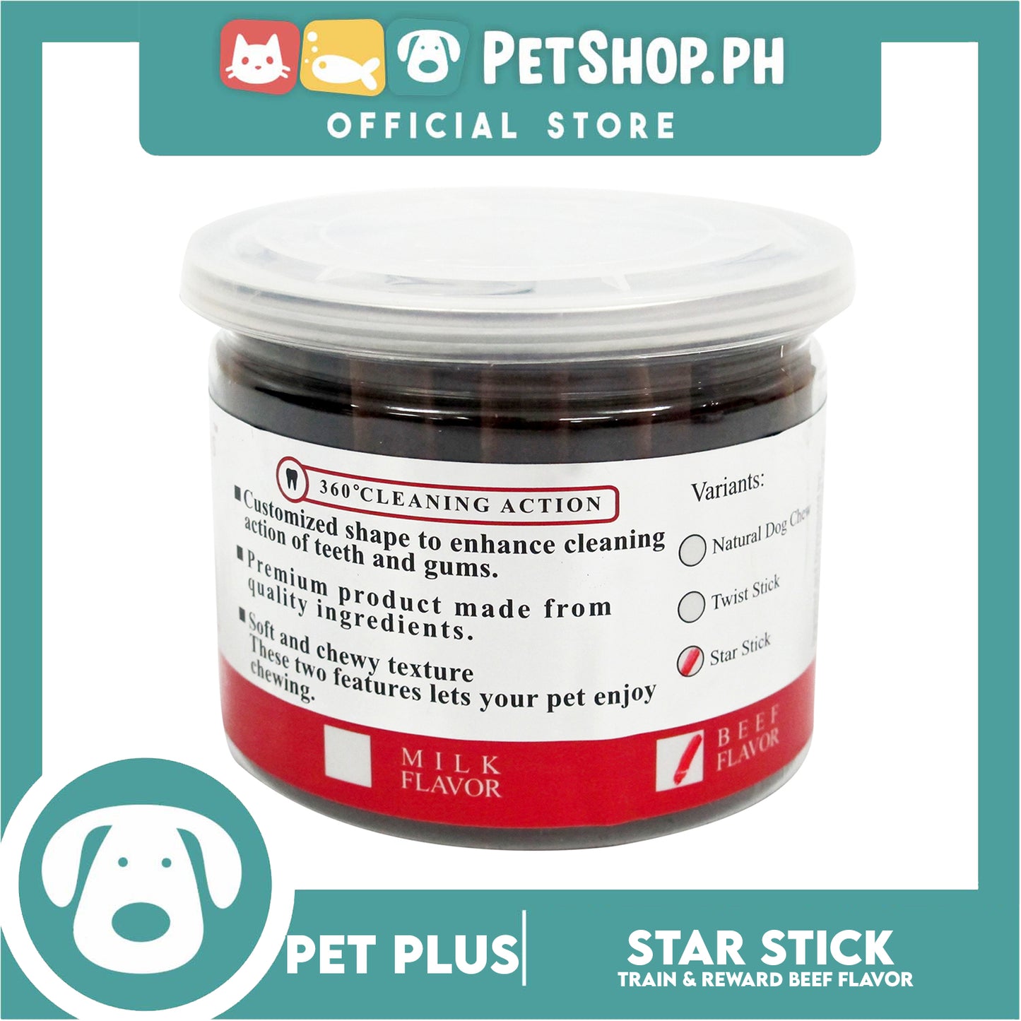 Pet Plus Train and Reward Dental Star Stick In a Jar (Beef Flavor) 360 Brushing Action Designed for Dogs Reward Treats