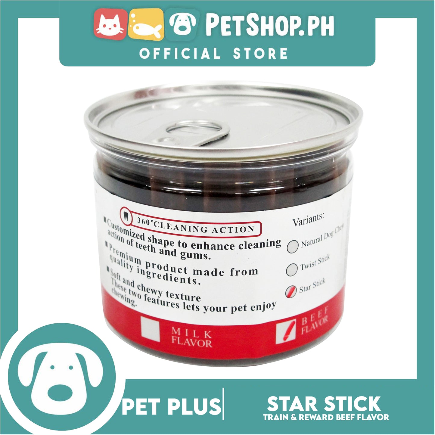 Pet Plus Train and Reward Dental Star Stick In a Jar (Beef Flavor) 360 Brushing Action Designed for Dogs Reward Treats