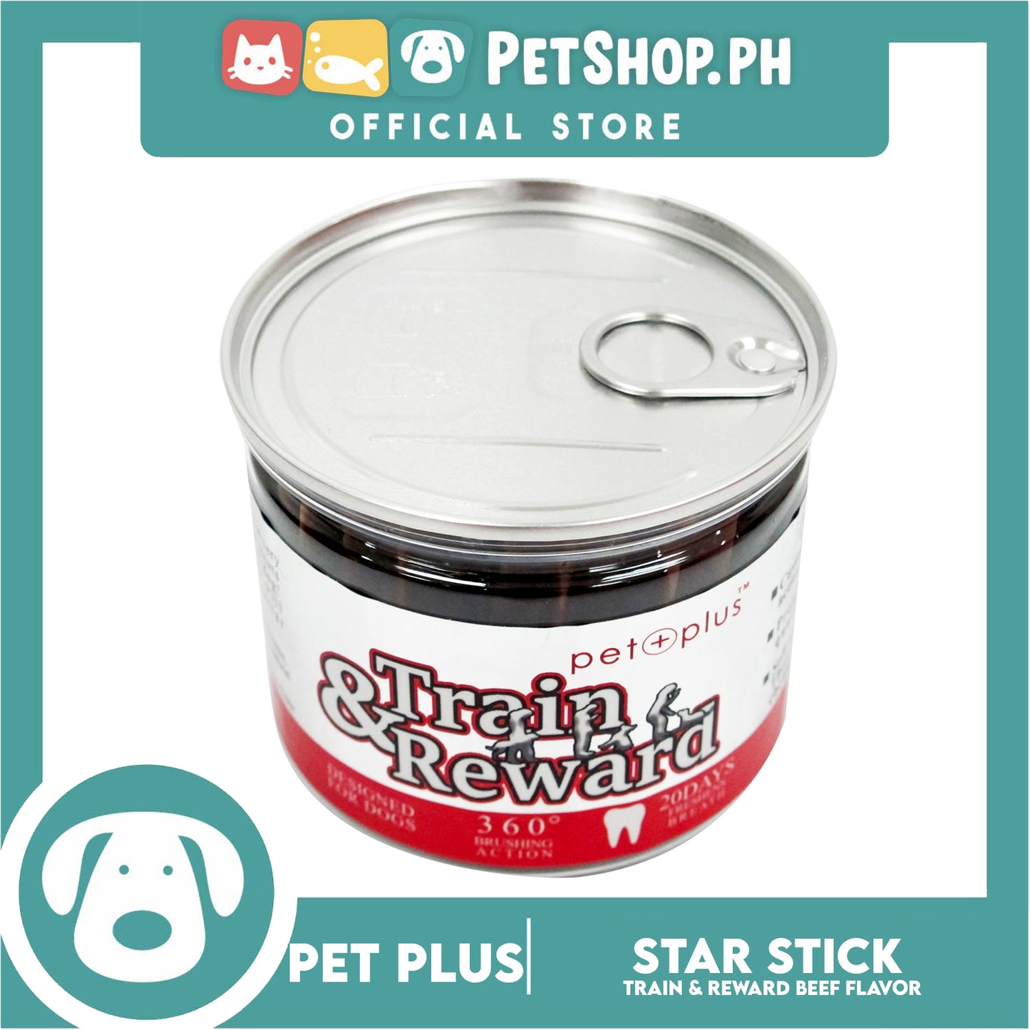 Pet Plus Train and Reward Dental Star Stick In a Jar (Beef Flavor) 360 Brushing Action Designed for Dogs Reward Treats