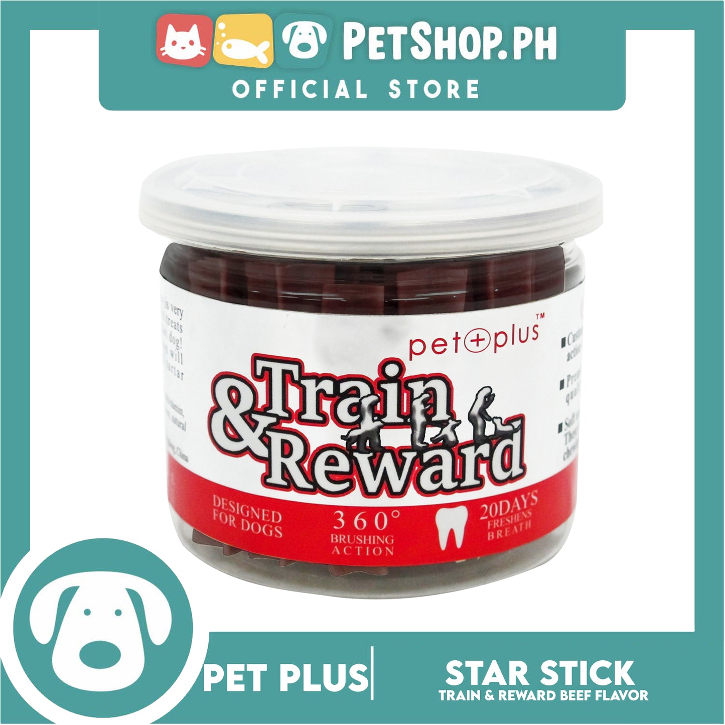 Pet Plus Train and Reward Dental Star Stick In a Jar (Beef Flavor) 360 Brushing Action Designed for Dogs Reward Treats