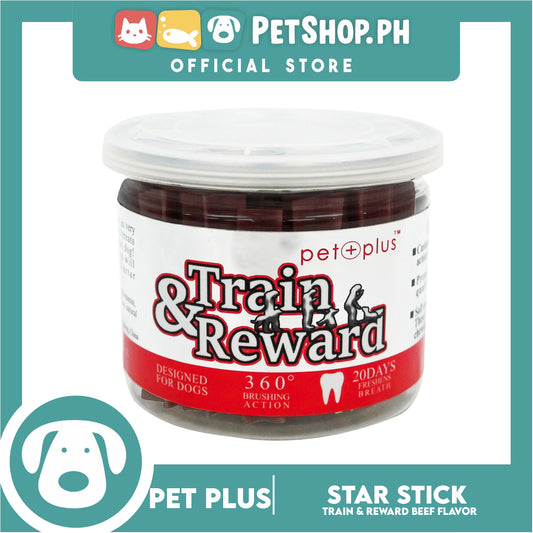 Pet Plus Train and Reward Dental Star Stick In a Jar (Beef Flavor) 360 Brushing Action Designed for Dogs Reward Treats